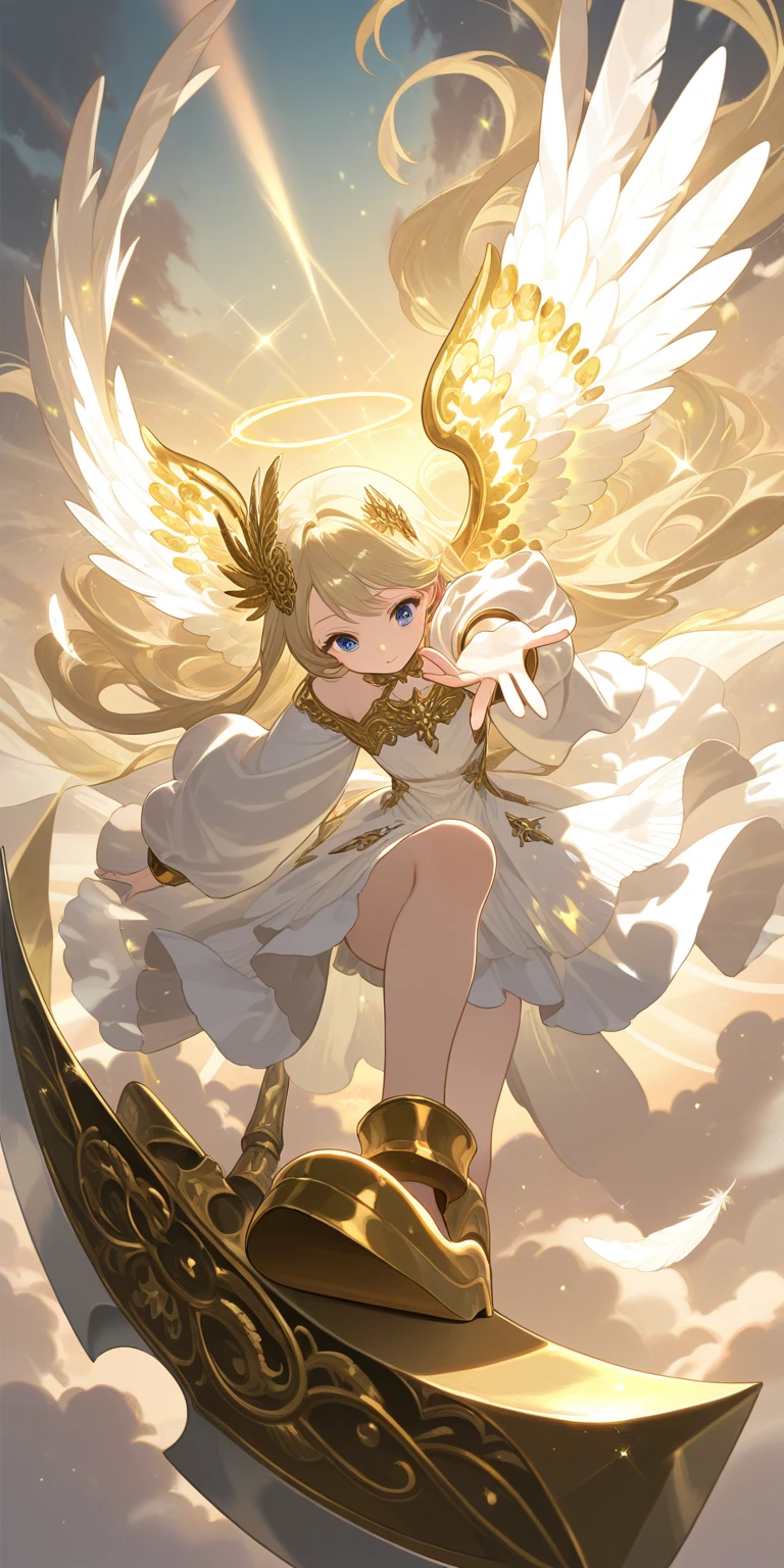 Long light yellow hair, god, golden halo, white wings, rainbow eyes, white dress, white socks, white gloves, no shoes, sky, clouds, heaven, tie, 4K,