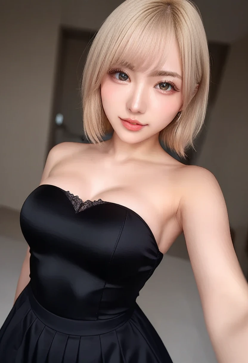 A beautiful Japanese shy girl, age 20 years old, blonde short hair, brown eyes, shiny lip, dark eyeliner, ecstatic expression, shiny hair and shiny body, wearing Sexy Halter Backless Bodycon Solid Color Dress, shiny thighs, in dark Cathedral, light shine in, Photo with blurred background,