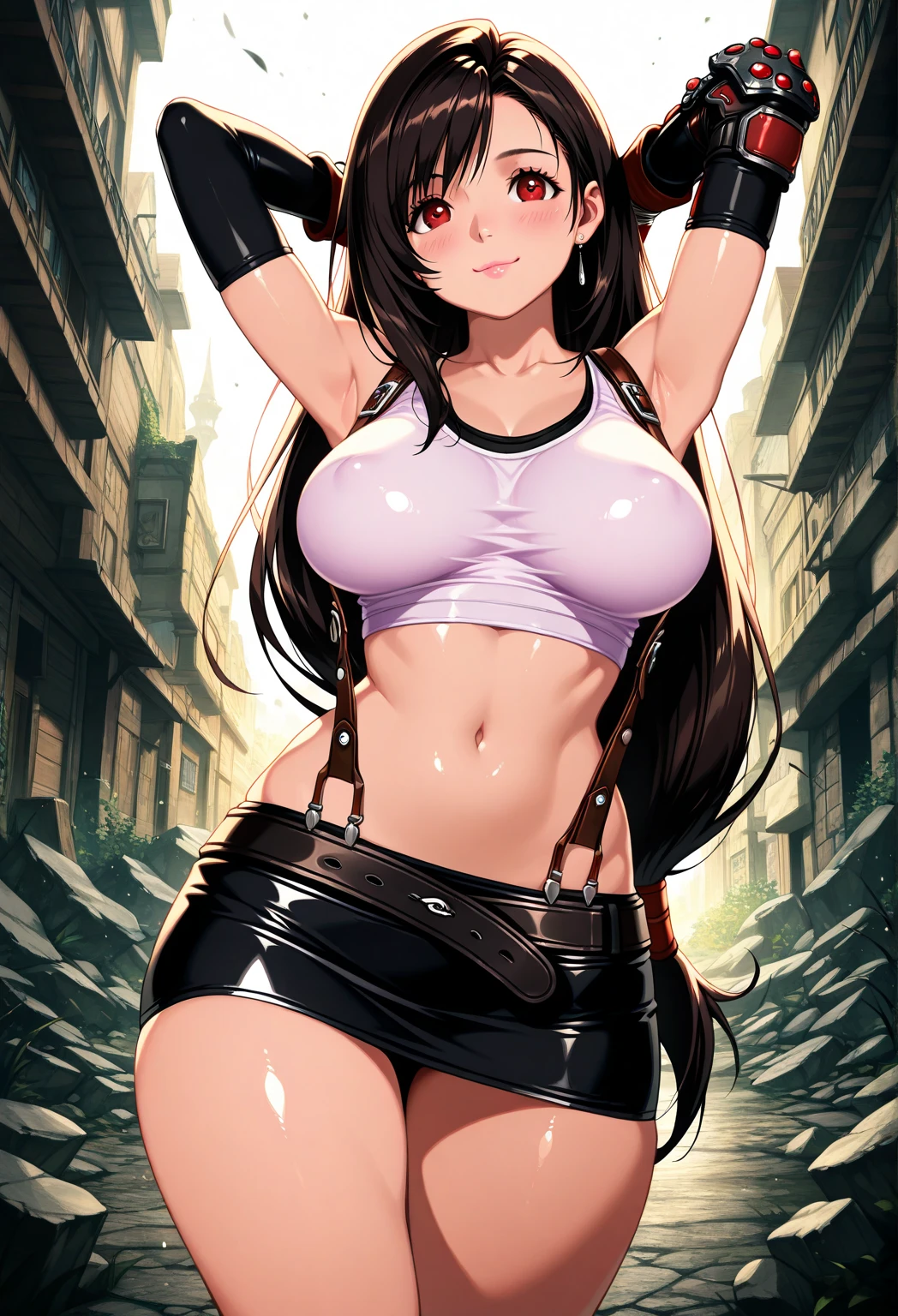 (8k, best quality, masterpiece:1.2), (realistic, photo-realistic:1.37), ultra-detailed, 1 girl,cute, solo, (tifa lockhart), ((huge breasts:1.6),(beautiful detailed eyes), (smile:1.4), winking (closed mouth), erotic pose, outside an industrial factory, depth of field, dark intense shadows, sharp focus, depth of field, good composition, Final Fantasy VII, (white tank top:1.3), (black leather mini skirt:1.3) (red gloves and boots) (full body:1.5), head rest, lips, pretty face, ((red eyes:1.3)), (night:1.2), intricate, bokeh, (Tetsuya Nomura style), nsfw, perfect breasts, view from front