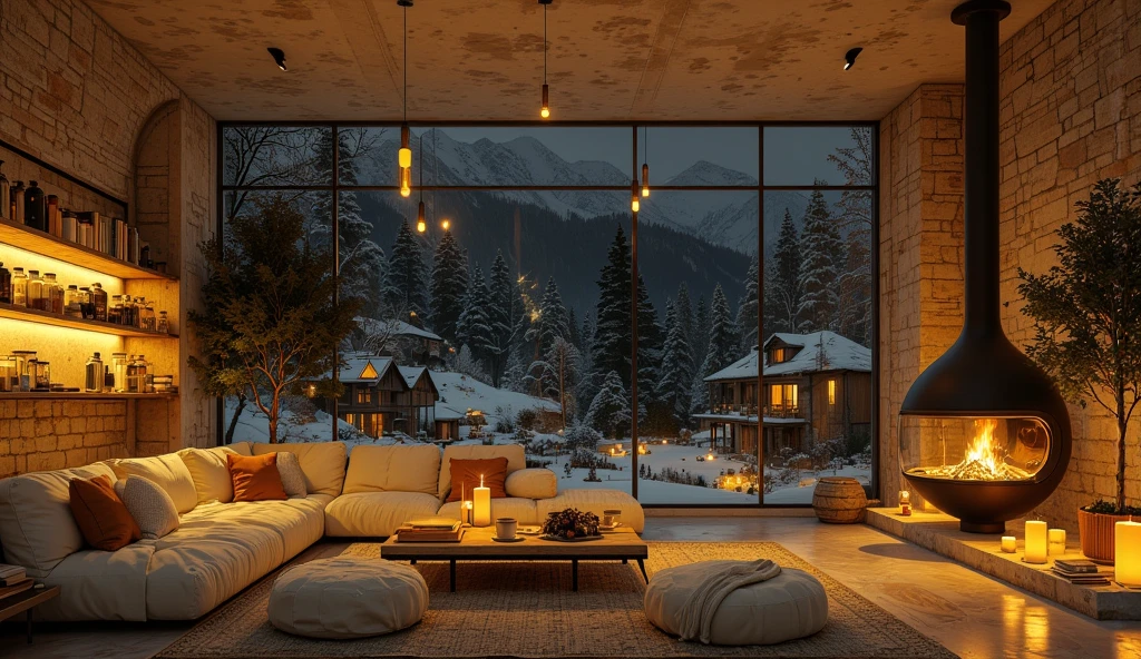 Photos depicting a stylish living room, rustic natural brick, with a warm and charming atmosphere. The layout features a spacious seating area with a luxurious cream sofa ,and arranged pillows around a low natural wooden coffee table wooden square . The table is decorated with candles and stacked books, adds to the cozy atmosphere. A modern cylindrical fireplace with glass is placed on the side right, radiates a warm light . The back wall is a cozy natural brick wall, this adds to the feeling of warmth , in the left corner and additionally there are benches at the bar with lots of food and drink, and the jars, while the left side displays a wooden shelf filled with various jars and glass bottles {, illuminated in soft gold by warm hanging lamps. The room has a window opening to a gloomy night forest landscape with snow and many filled houses shining yellow light , visible through the large open window, creating a seamless combination of indoor comfort and outdoor beauty. The overall color scheme is soft and warm yellow, with texture and a 4k image, professional art photography, stretch room filled with warm earthy yellow tones, slightly darkened soft focus, a stretch room built of natural brick, There are many glass windows at night, unburned candles illuminate futuristic and vintage elements. Modern fireplace, gasket suit and crumpled orange cushions, natural stone seats, natural wood coffee table, and there are two cups of coffee, and grape topiary, and many non-burning candles, multiple sitting round cushions upholstered in white knitted fabric , large coffee-themed book narration. Large glass window, pendant lights detail. outside is the dark night sky with a neutral color, Snow falls on the pine forests, and teach the Himalayas , remote village. natural materials dominate the space.  16 aspect ratio :9 