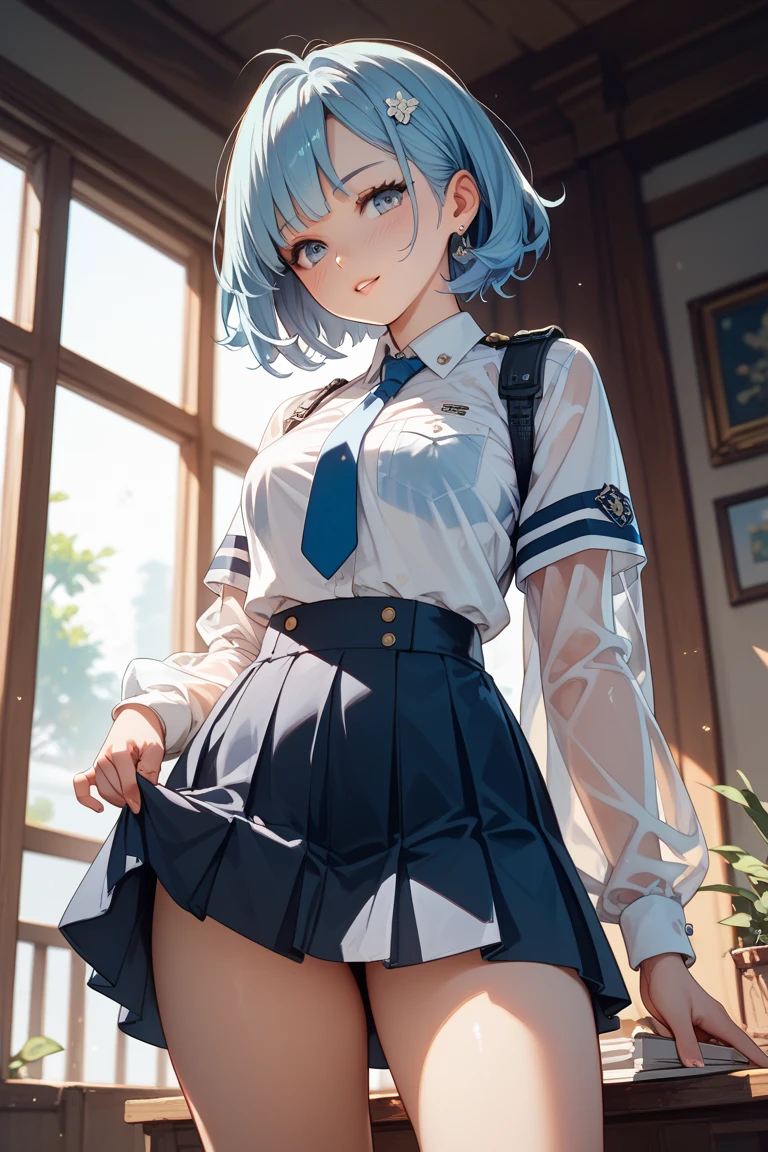 (Masterpiece, Slim Body, Delicate Fingers: 1.2), Best Quality, (Illustration: 1.2), (Hyper Detail), Eye Focus, Ultra Detail, (Fine Detail), (Intricate Detail), HDR, (Ultra Detail: 1.15), (Soft Light: 1.2), 1girl, (table humping:1.5), (crotch rub:1.2), ((School_uniform), (sailor_suit), (Miniskirt) Class room, white panties, (skirt lift:1.5), (White hair and blue highlights),cyan eyes, medium, short hair, solo, (medium breasts:1.2), table, lifting,(suggestive fluid), masterpiece, best quality, highly detailed, (panting:1.2) saliva dripping, (blushing:1.3), (yawning:1.5), (pussy juice:1.2)