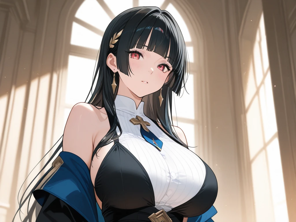 (((hair above one eye)))、((thin waist))、(((huge breasts、gigantic breasts)))、((Very Longhair、black hair、white skin、school uniform、red cheeks、tall))、(((tall)))