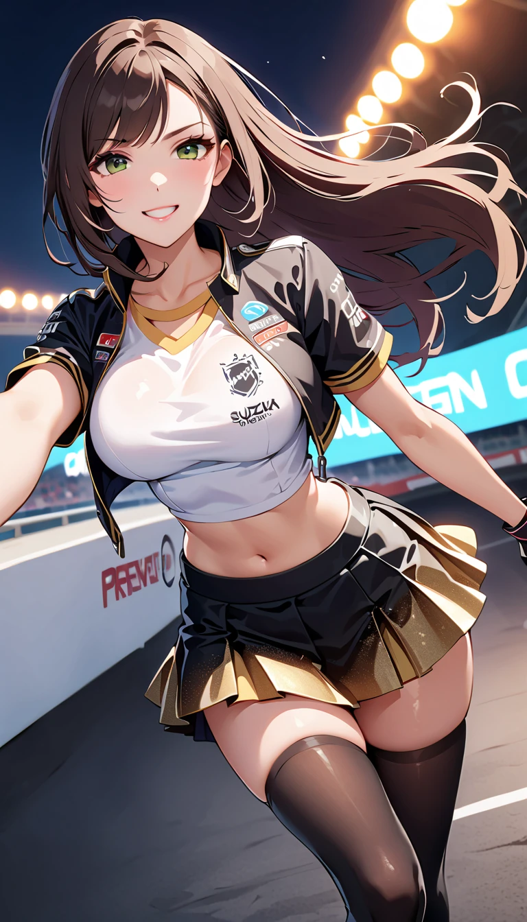 Create a brunette woman jambo, Linda, brazilian style, sculptural body, big thighs, Waist slender. Bold clothes like mini shorts and mini blouse, tight on the body. de corpo inteiro. Em primeiro plano, featured. Rio funk dance atmosphere in the background 