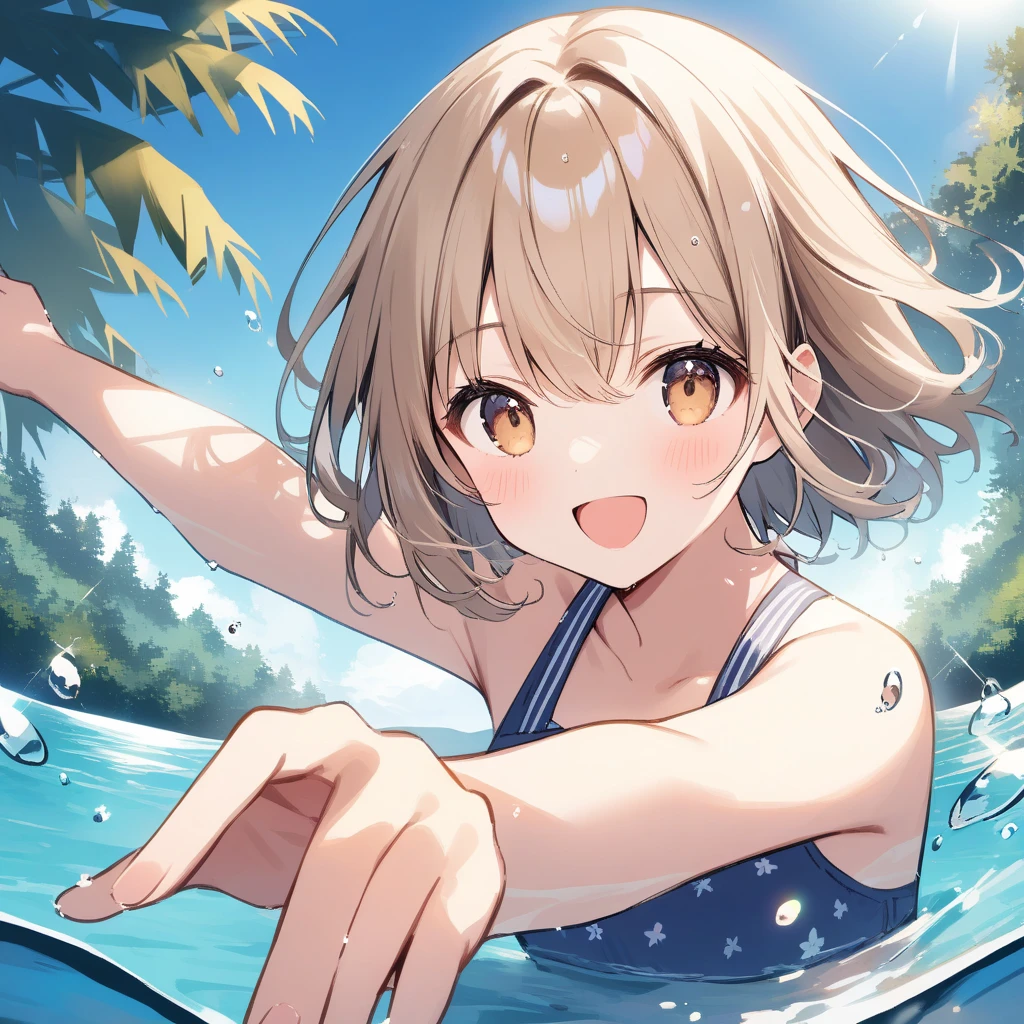 bare shoulders, masterpiece, best quality, anime screencap, outdoors, <lora:tsuchimiya:0.8> tsuchimiya, competition swimsuit, swimsuit pull, strap pull, pulled by self, strapless, breasts, 1girl, solo, upper body, facing viewer, nsfw