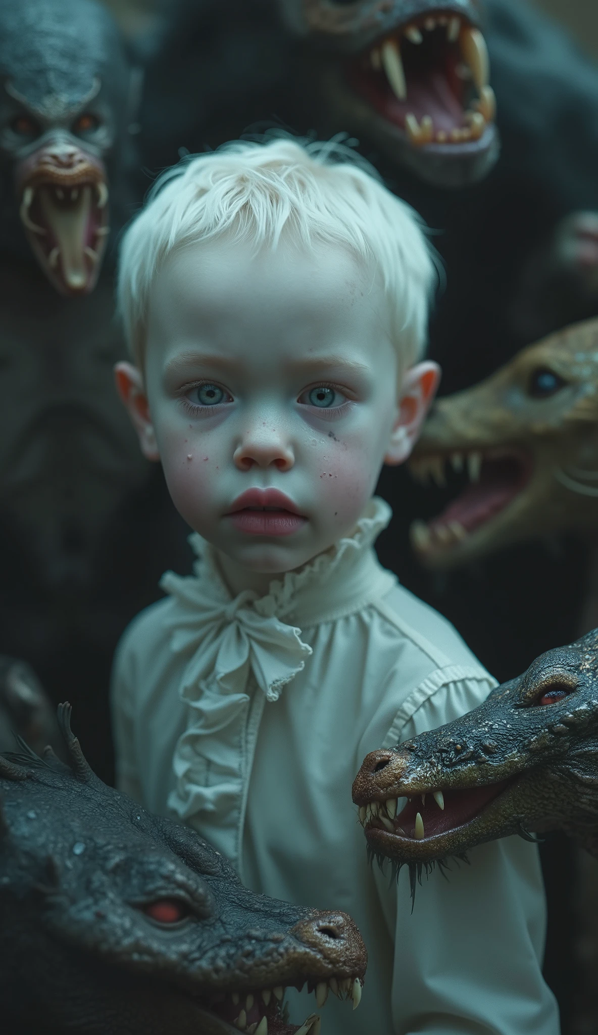 film (1329)Albino boy up close, Sinister and strange albinos, in Victorian clothes with predators from the African jungle, hyperrealistic, cinematographic