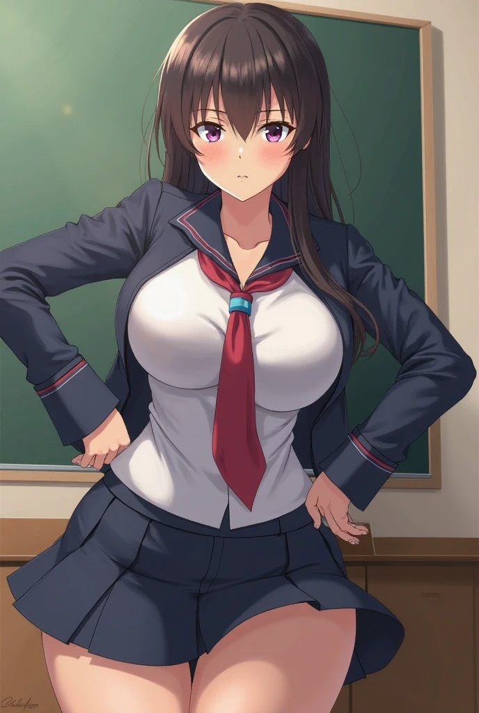 NTR Man, masterpiece, best quality, ((1 girl)), mature woman、(heavy body)、School Uniform Skirt、first round、vibrator in thighhighs、　
thighvibe angry, ((close)) ,  angry look, ((flushed)), brown hair, long hair, looking at the viewer,Sweat、vapor、outdoors、street