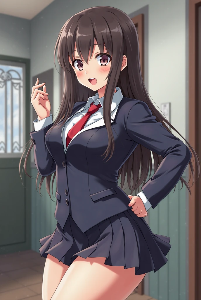 (1) a woman stands alone, I lift my skirt to show my boyfriend my white lace panties.
(2) That woman is a high school girl, She is wearing a uniform of a blazer, miniskirt, and loose socks..
(3) she has a provocative personality, a smiling expression on her face.
(4) Hairstyle is long brown hair.
(5) The location is the front door of the house.
(6) Please use the enlarged composition..