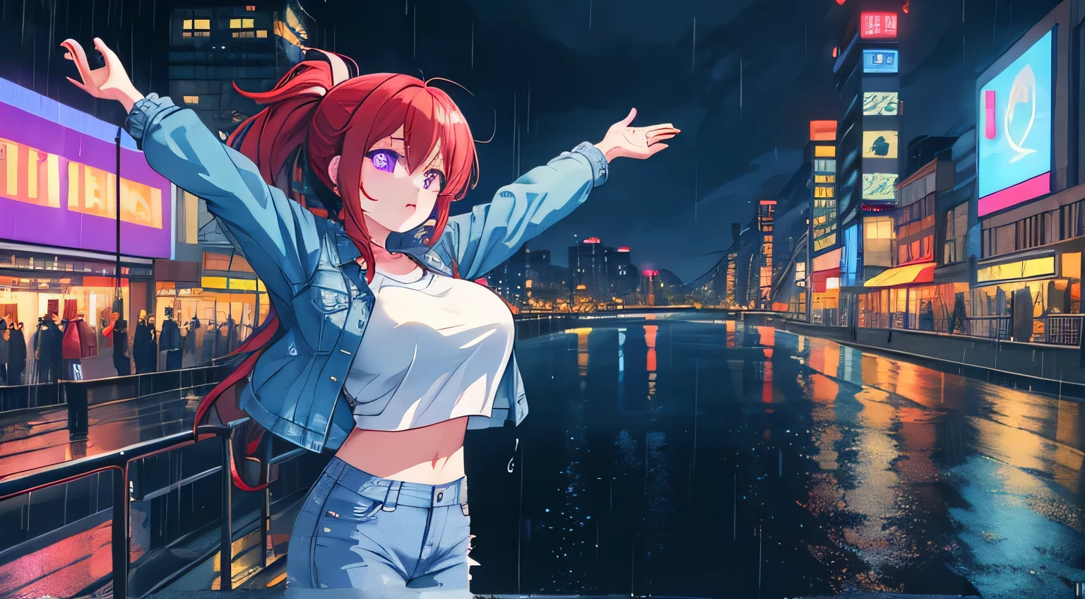 red hair with drills、ponytail、Purple eyes、big breasts、beautiful、 lori、One woman、 I look up at the sky with open arms、white t-shirt、Denim Pants、denim jacket、Blue Sneakers、Night City、rain、I'm wearing a river bridge sidewalk、anime style、realistic texture、bright neon lights driven by crowds、 Light Reflected on the Water 、deep composition
