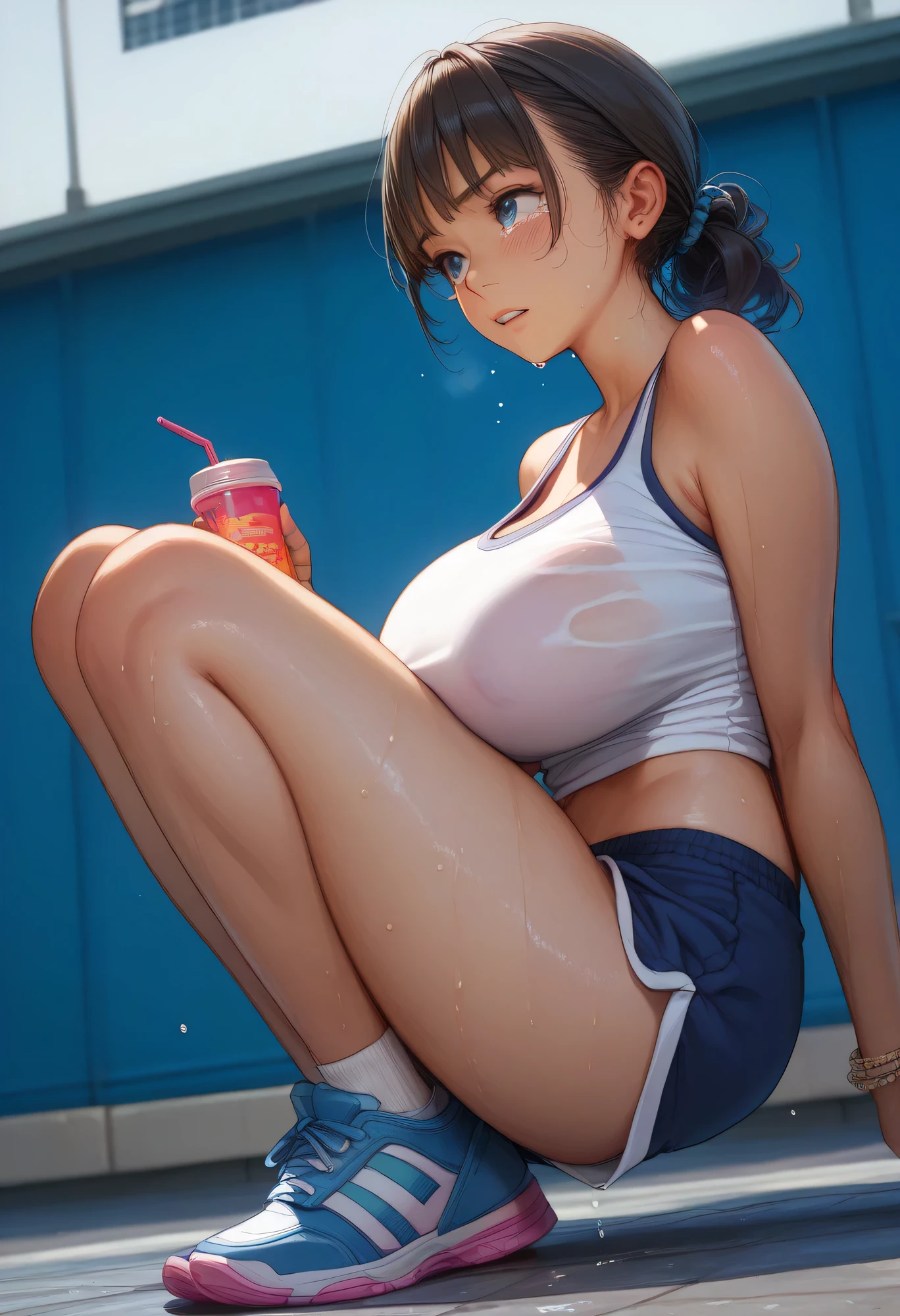 Highest quality,Highest Resolution,Smiling with a drink in hand(((2Beautiful girl of the person))),Gymnastics,High leg bloomers,Outdoor stadium,Black hair ponytail,sweat profusely,illumination,Very beautiful eyes,Transparent nipples,whole body,Flowing sweat,Belly button,Abdominal muscles,sunny,Sunshine,mirage,Big Tits,