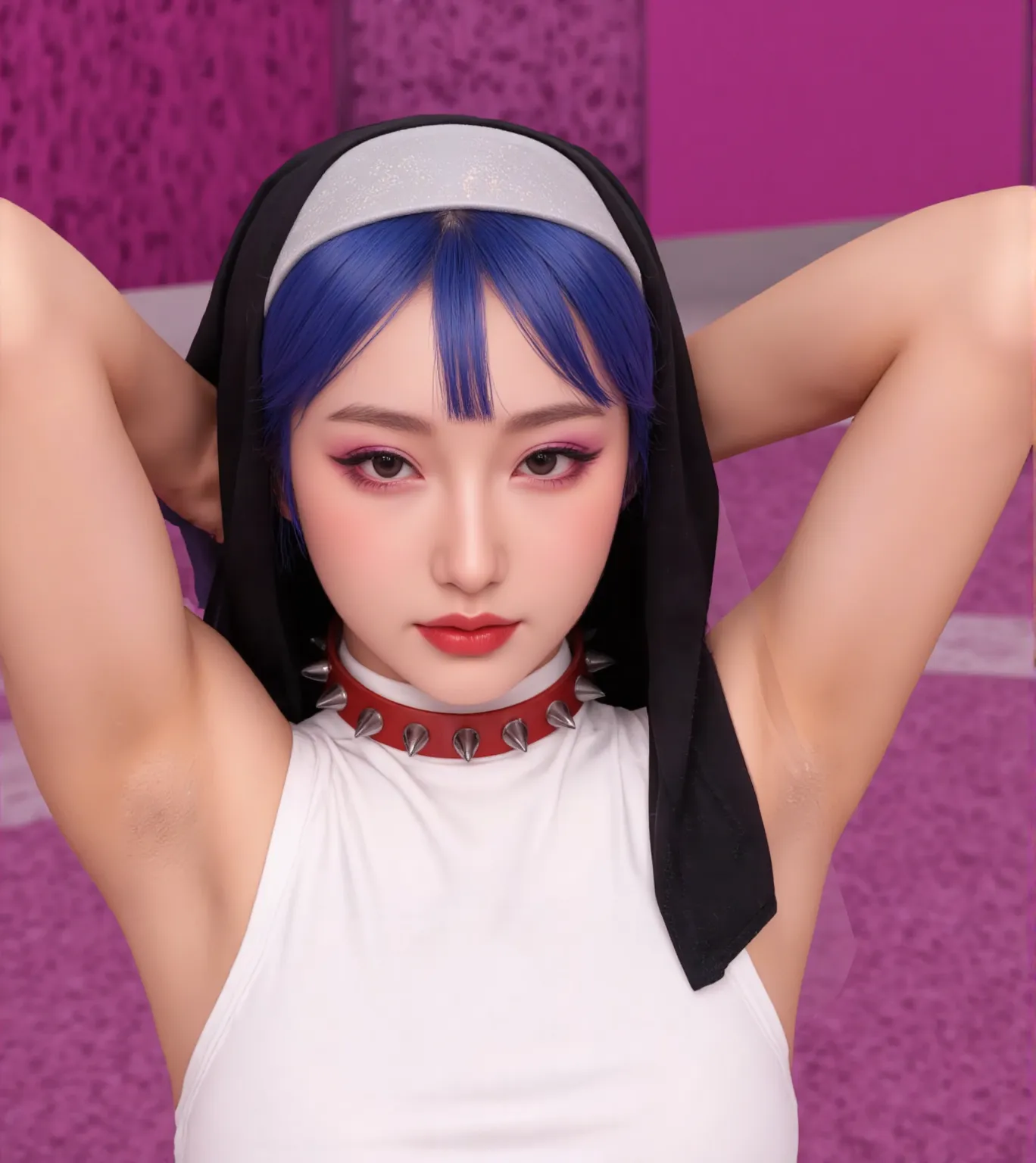 1girl,legs,a girl at building,(((building))), , braided bangs, tiny saggy breasts (b cup flat tits, erect nipples), braided ponytail,(solo:1.2),apron,thick thighs,side-tie panties, violet hair with red high lights, hand down panties, 26yo, cellphone in hand, sexy playful pose, looking at viewer, sunlight,hanfu,