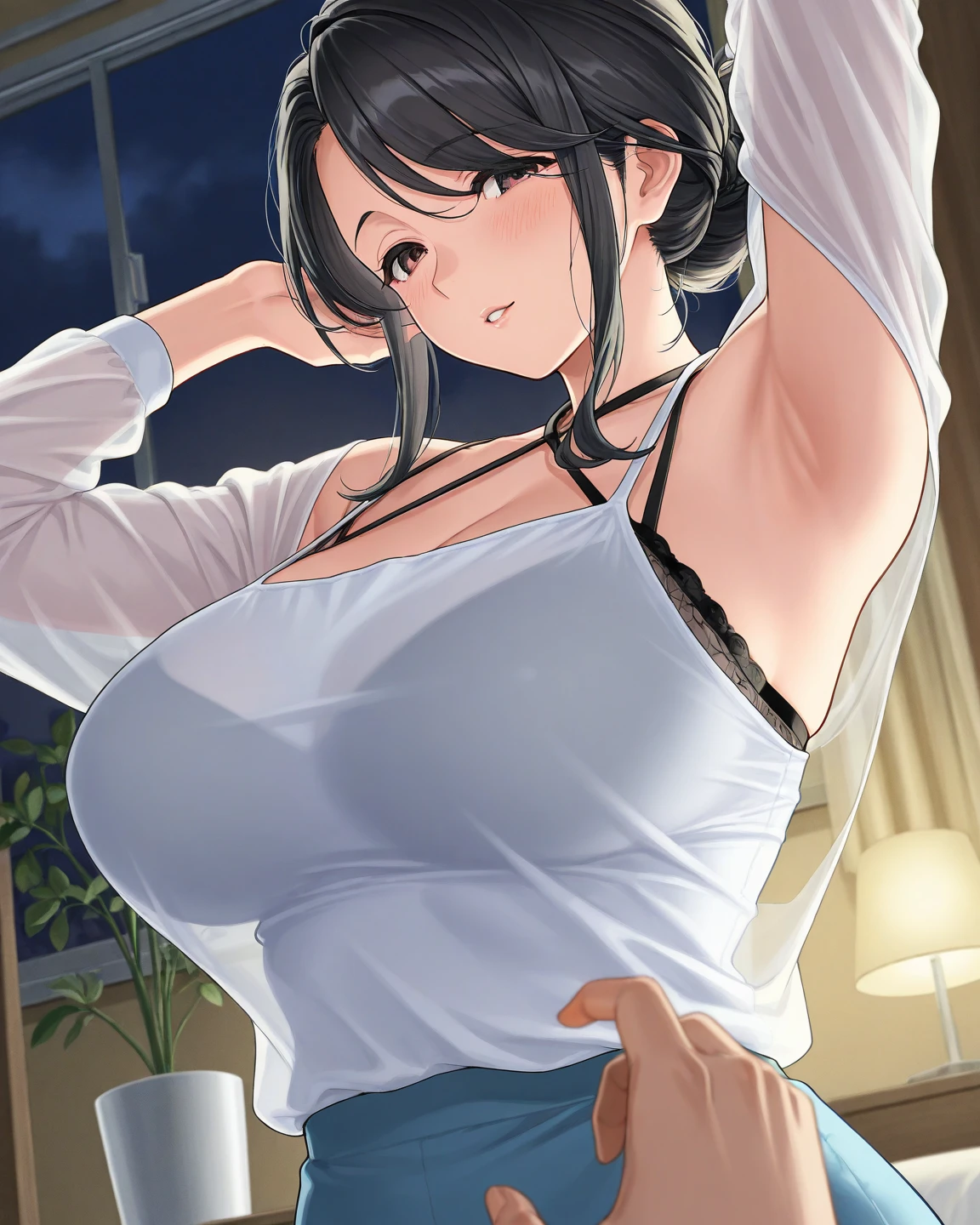 (mesa:1.2), realista, foto de 18 anos、Garota de camisa branca apertada(camisa desabotoada), metade  , melhor qualidade, (seios grandes:1.2), Ombros nus, decote, Nsfw Something?, [[Hands hidden behind the back]], brincos, Camisa completa, gargantilha preta, Sozinho, [sfw]、(Mini shorts jeans danificados、perna alta)、lindas pernas、beautiful abdomen、sente uma cadeira、Olhar de umbigo