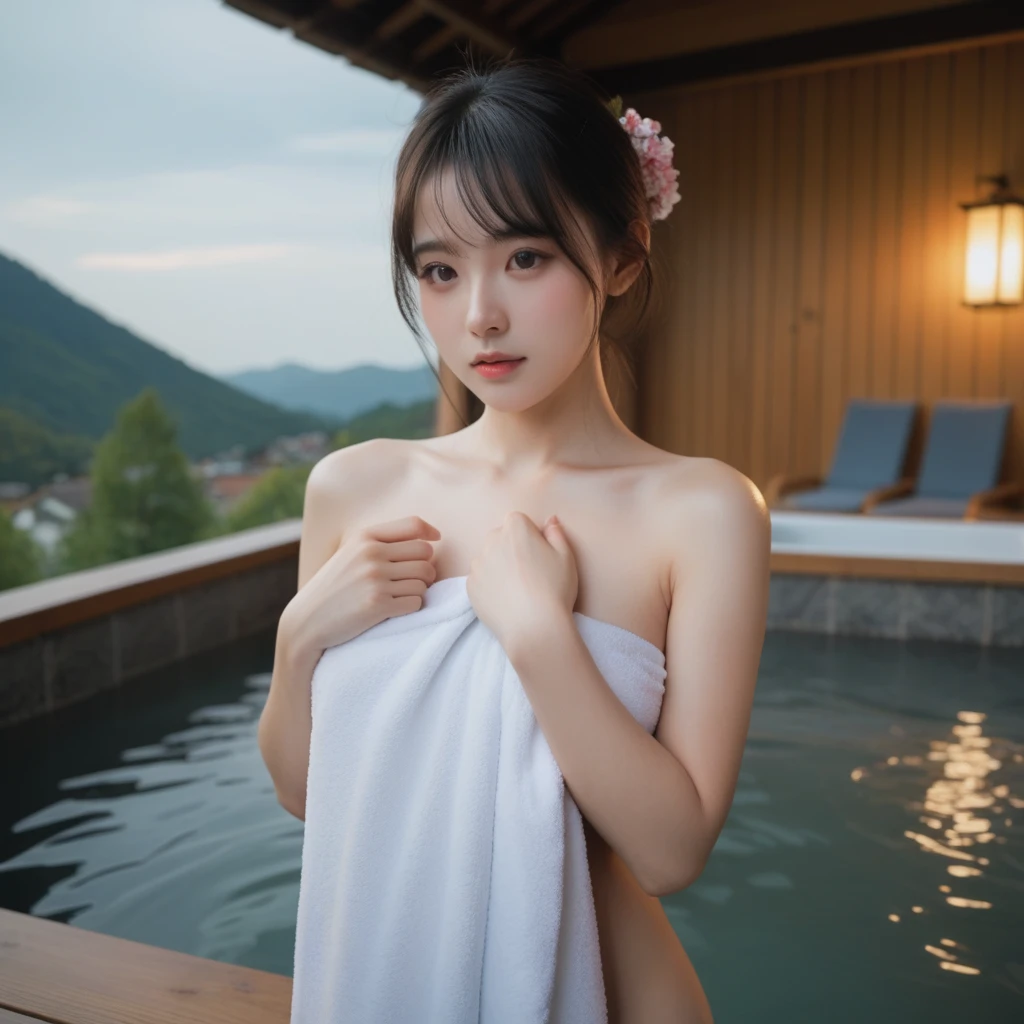 ((of the highest quality, 8K, masutepiece: 1.3, Raw photo)), Sharp Focus: 1.2, (1 AESPA Girl :1.1), Solo, (Realistic, Photorealistic: 1.37), (Face Focus: 1.1), Cute face, hyperdetailed face, short messy hair, (Small breasts, flat chest: 1.2), (open-air bath at night in a hot springs, canada: 1.2), (blush: 1.2), (naked: 1.3), (girl is soaking in hot water: 1.3), (night:1.5), (water vapor:1.2), ((Towel is hiding from chest to locality, naked towel: 1.1)), moon light, thigh,