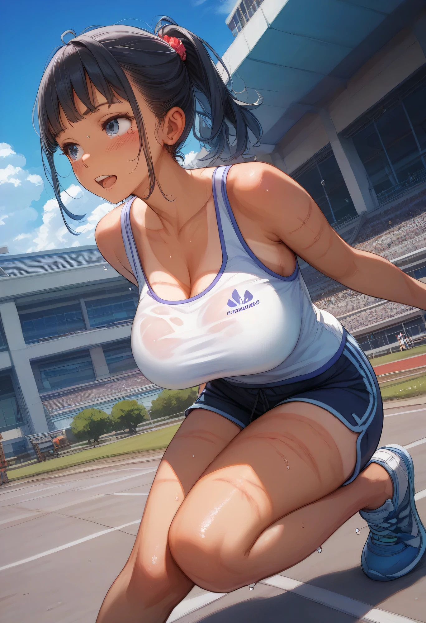 masterpiece, top-quality, Detailed details, Detailed landscapes, beatiful lights, one girls,26 year old,((huge-breasted))、((Oblique view)),innocent smiles,Glistening sweat,Kneeling,open one's legs,detailed skin textures,(((cheer leading))),(Stadium),(blue-sky)、llight rays、a miniskirt,(((No Underwear))),piercings,High contrast,(super low angle)