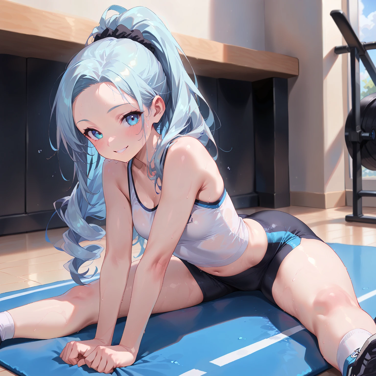 gym, masterpiece, highest quality, 1 girl, solo, flora, skyblue yoga pants, skyblue sports bra, An athletic body, split, spread legs, smile