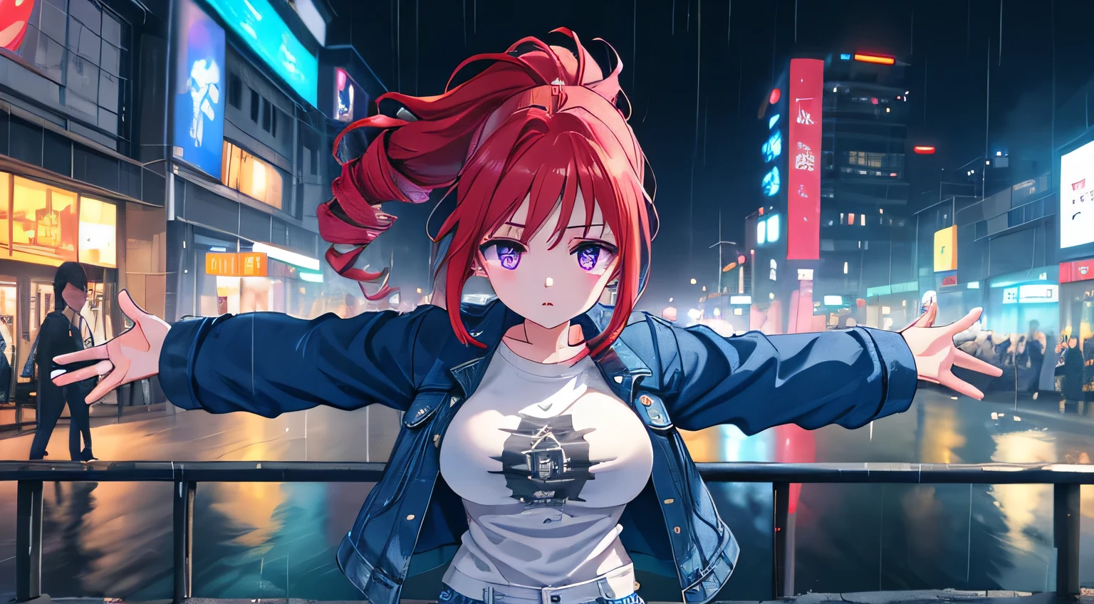 red hair with drills、ponytail、Purple eyes、big breasts、beautiful、 lori、One woman、 I look up at the sky with open arms、white t-shirt、Denim Pants、denim jacket、Blue Sneakers、Night City、rain、I'm wearing a river bridge sidewalk、anime style、realistic texture、bright neon lights driven by crowds、 Light Reflected on the Water 、deep composition
