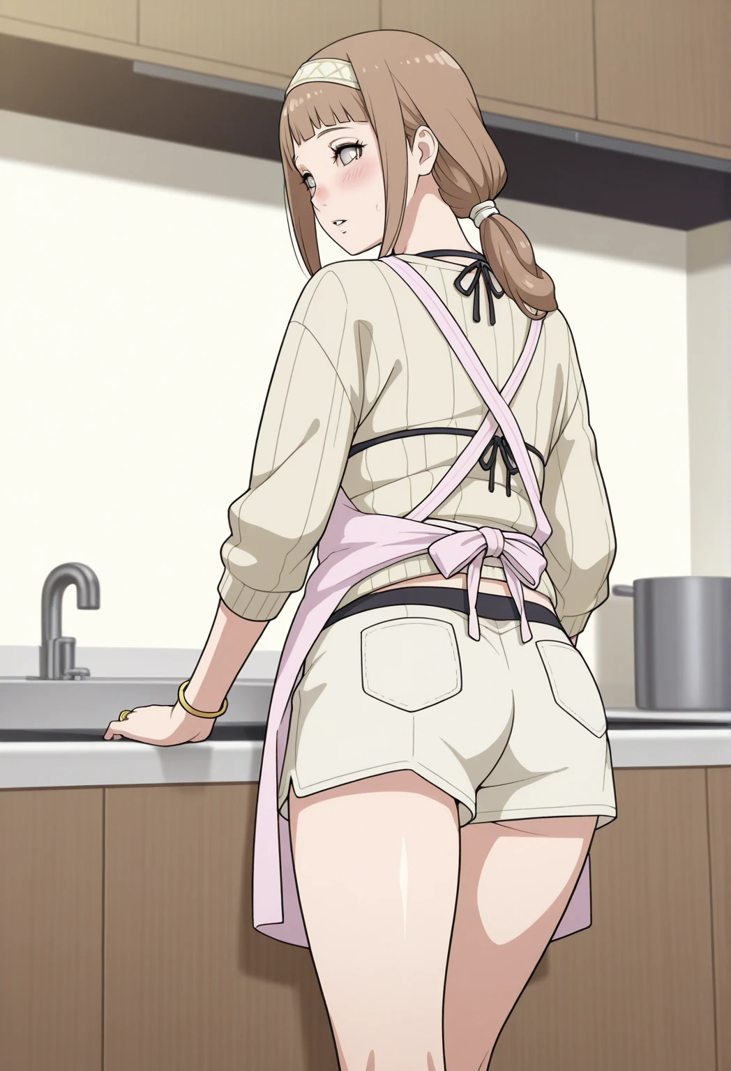 1 girl, alone, mamako oosuki, huge, busty, masterpiece, (best quality), brown hair, long hair, (loose hair), purple eyes, mature woman, naked, white apron, indoor, room, kitchen, standing , tape, sexy woman, smile, embarrassed, blushing, vibrant colors, natural lighting, RTX, big breasts, medium waist, wide hips, medium thighs, round butt, beautiful, (detailed face: 1.2), showcase, (perfect eyes: 1.1 ), 8k uhd, looking at viewer, from behind, pov (from below), exteriors, simple background, perfect hands, perfect anatomy