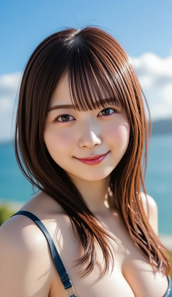 (highest quality:1.2, 8k, Sharp focus, masterpiece: 1.2, Natural light, Highly detailed CG, beautiful girl:1.2, reality, Detailed facial textures, Cute Bikini、Realistic Skin, Beautiful Makeup, Octane Rendering, grow, fine bangs)), (Depth of written boundary), Bokeh Background, smile, Long hair with detailed, vibrant two-tone brown and silver coloring, Cowboy Shot, Wind, From the side、Realistic high quality photos、highest quality、Cute face