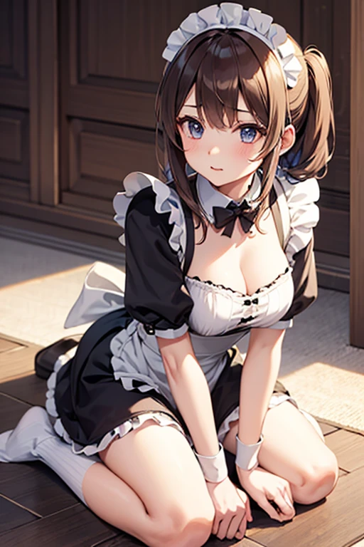 Solo Girl, 20-year-old,Medium Hair, Light brown hair, Mid-chest, highest quality, High resolution, Very detailed, Detailed Background, Perfect lighting、Extreme maid outfit、very cute, Blue eyes, a pair of cat ears, Blush, white silk socks, Lift up the skirt with your hand and show me the underwear, Pink underwear, lace, 