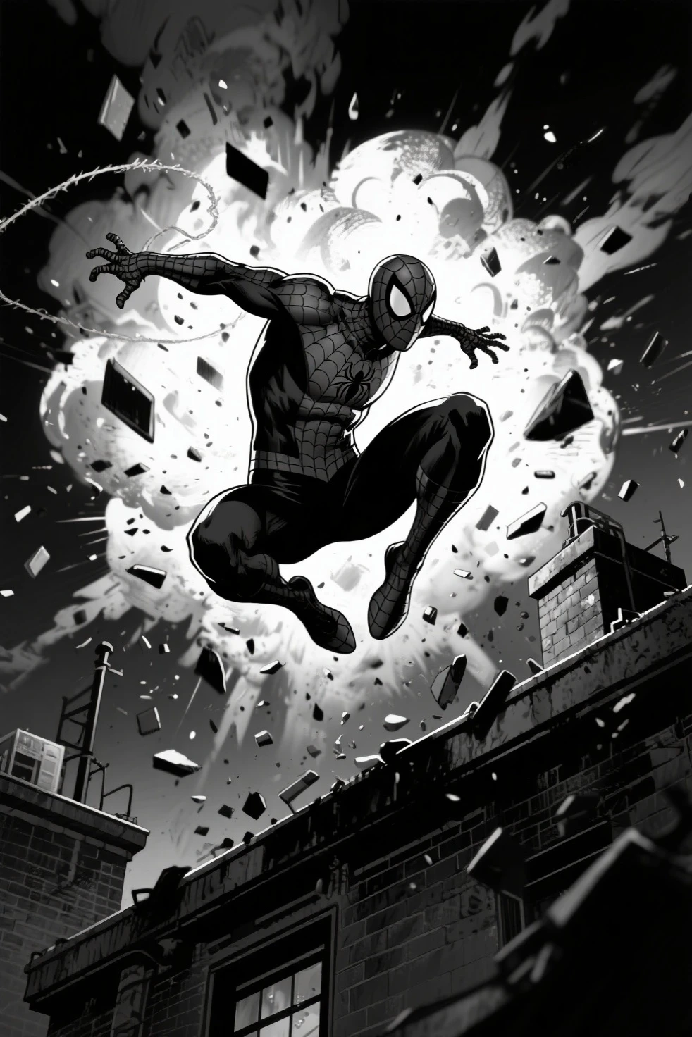 spider man falling from the sky black and white but with two hands