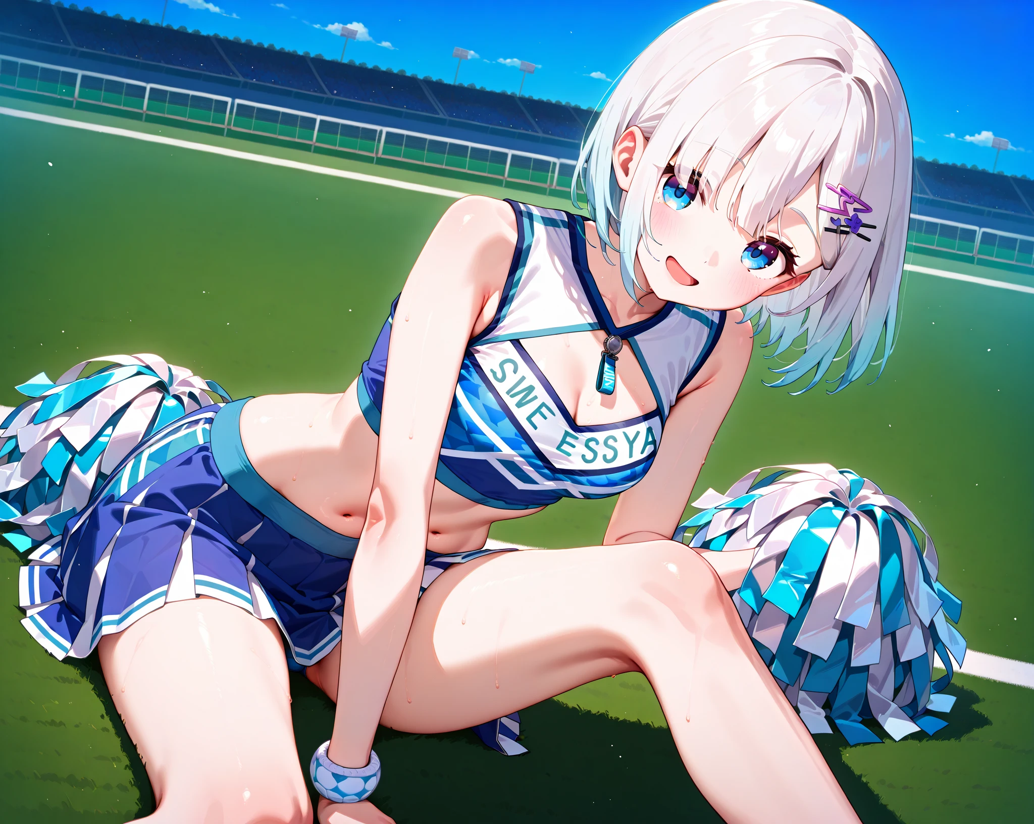 ((real quality:1.5)),((American)),(best quality), 1person,super ,blush,shame smile,((child 8 years old:1.5)),((135cm:1.5)),(((((nsfw))))),(nude),((little idle)),(sports shoes),(spread pussy)),(((sumail))),((Japanese idol)),(((pussy/vagina))),(spread her pussy),(uterus,urethra),(spread legs,pussy focus:0.5),((soro)),legs spread, about to be ravished, wet pussy, leg grab,((TOKYO mega City:1.3)),((sexy WhiteRED cheerleader costume:1.5)),sports half tank top,,((turquoise eye/cute droopy eyes)),((Whitehair)),longhair,