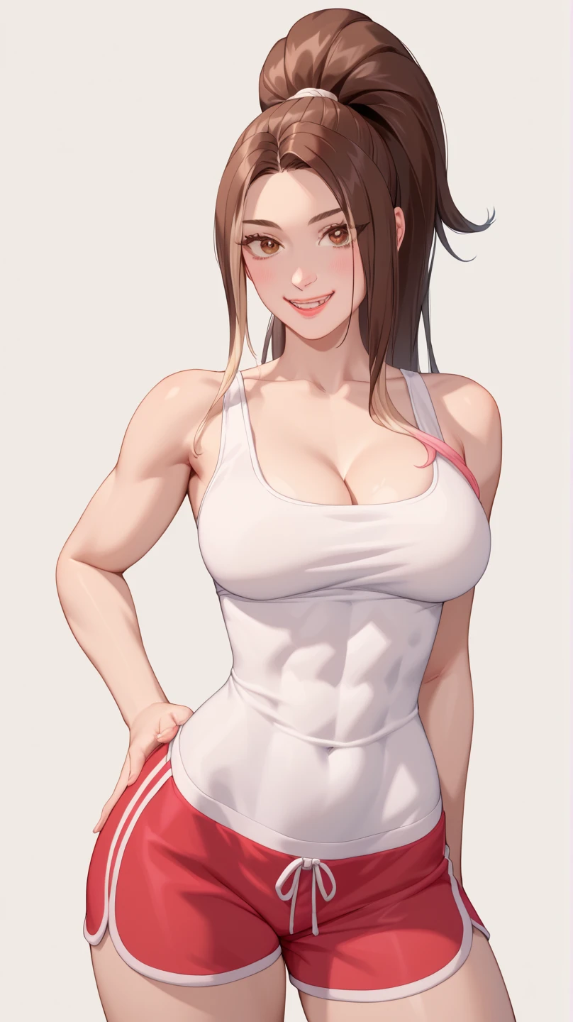 (Best quality, 8k, 32k, Masterpiece, UHD:1.2), kizuna ai, huge breasts,long hair, brown hair, multicolored hair, hair tied, pink hairband, pink highlights, streaked hair, smiling, pink sports bra, black jogging pants, navel, muscular abs, six packs, navel piercing, thong panties, sweaty armpits, thick thighs, muscular arms, tattoos