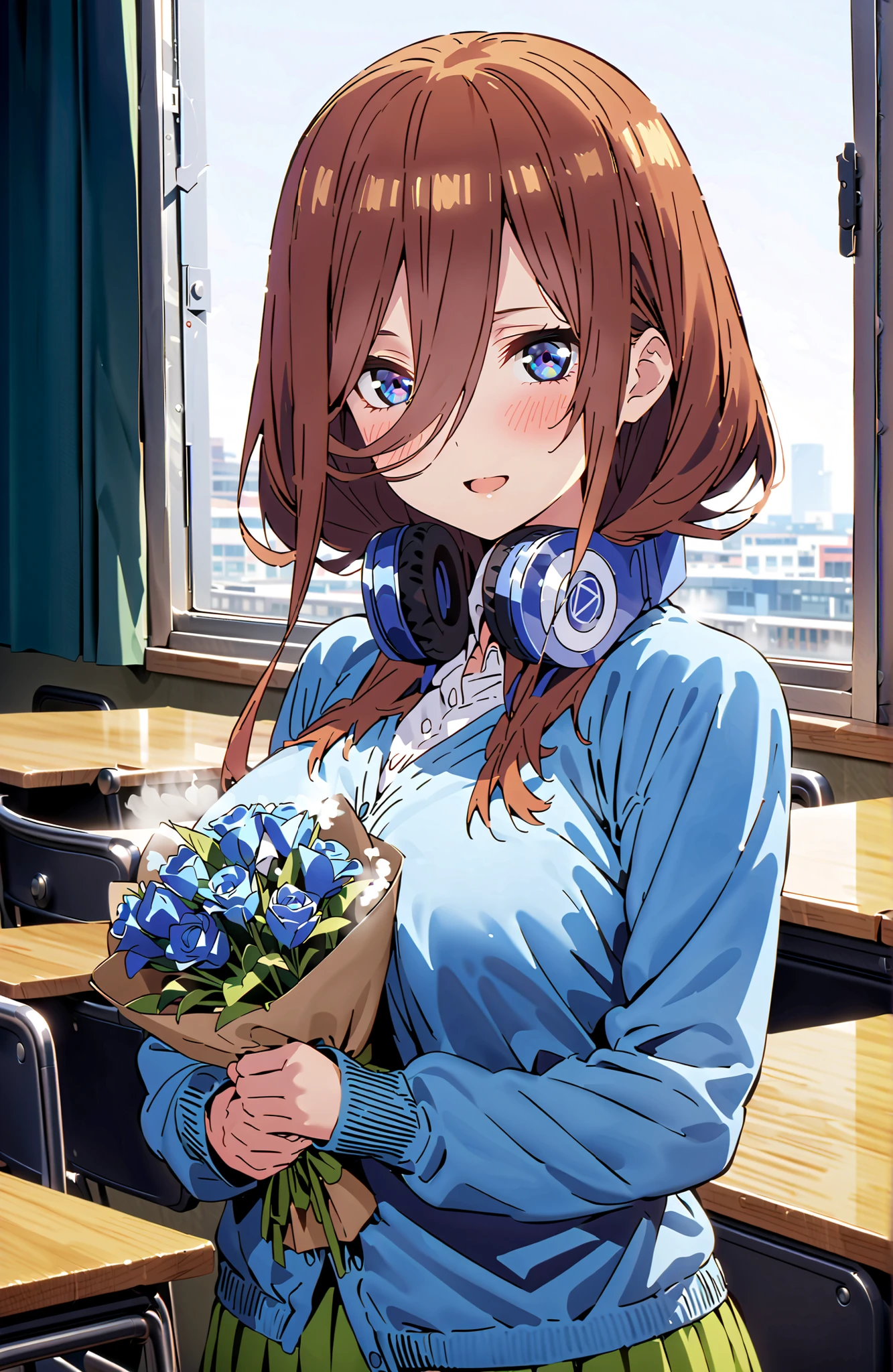 score_9, score_8_up, score_7_up, source_anime, Nakano Miku, long hair,solo, bungs, blue eyes, brown hair, hair between eyes, headphones, headphones around neck,smile,blush,open your mouth,Big Breasts,
in their 40s skirt, shirt, long sleeve, white shirt, pleated skirt, black pantyhose, Green Skirt, blue cardigan,standing,Holding a blue bouquet with both hands,curtains,window,machine,chairs, Flower blowing snow,
in their 40s indoors, Classroom,
in their 40s looking at viewer, full body,
in their 40s (masterpiece:1.2), Highest Quality, high resolution, Unity 8k Wallpaper, (Illustrations:0.8), (beautifully detailed eyes:1.6), very detailed face, perfect lighting, very detailed CG, (perfect hand in h, perfect anatomy),
