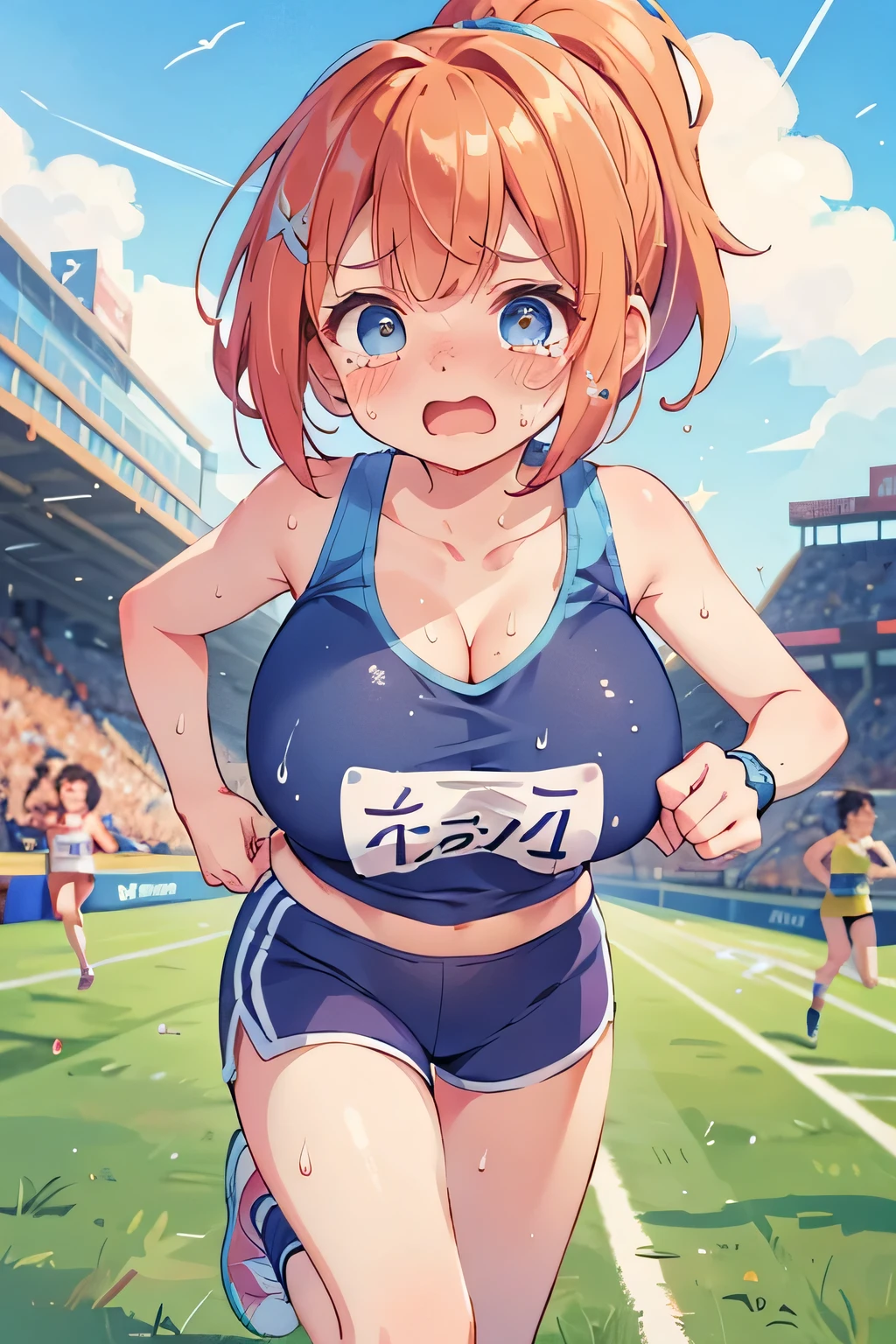 ((Voluptuous figure)),Chubby body type,Big Breasts,Brown Hair,blunt bangs,Top knot,hair accessory,((happiness)),track and field uniform,Belly button,(running)