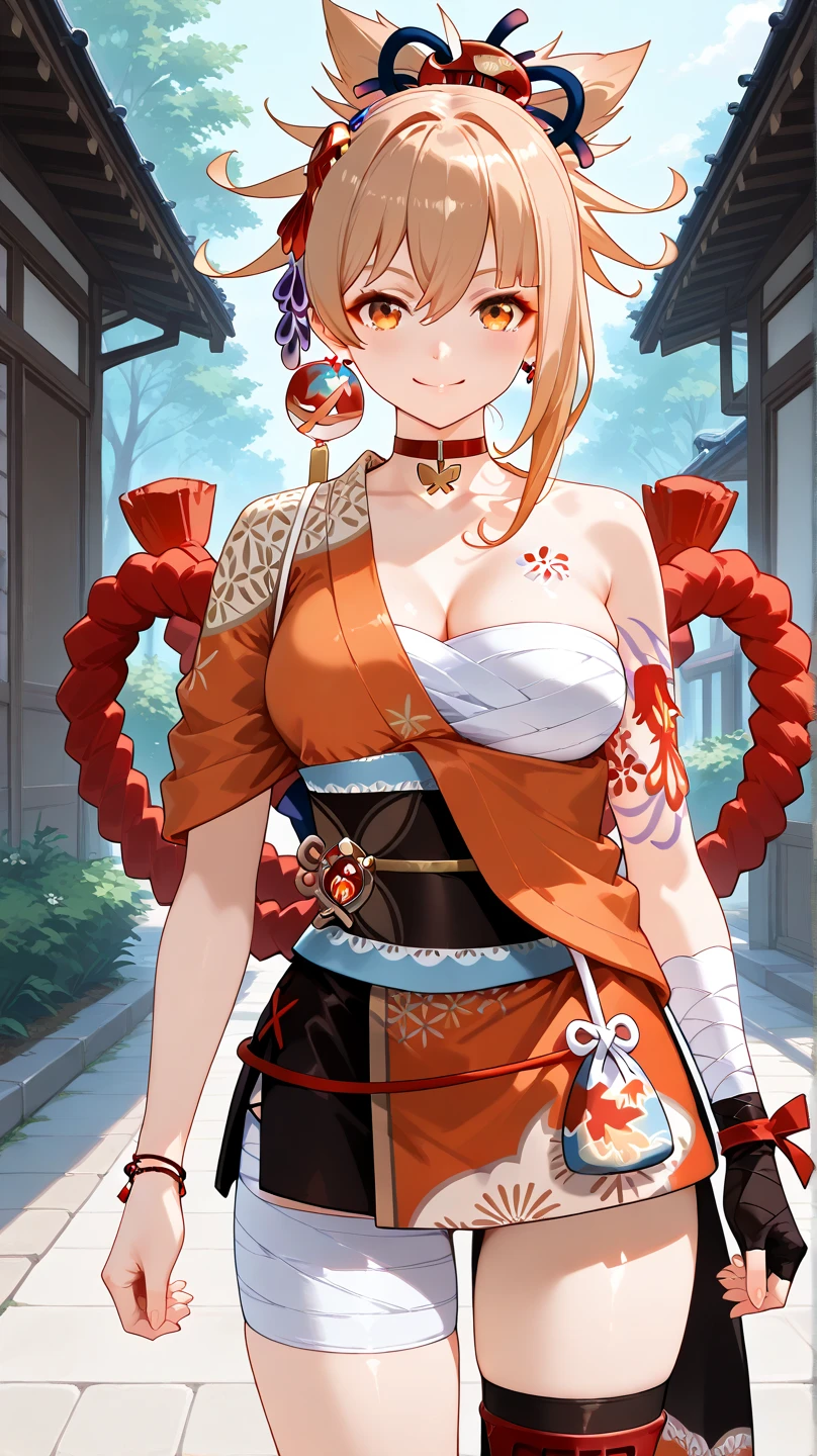 Masterpiece, masterful, high resolution, 1 female, Blonde hair, Medium hair, Asymmetrical hair, Floating hair, High ponytail, side locks, hair adornments, fish hair ornament, nipple tassels, Hairpin, bangs, orange eyes, Smile, choker necklace, red necklace, pendant choker, butterfly choker, clavicle, tattoo, chest tattoo, flower tattoo, cleavage, Huge breast, Thighs, bandages, bandaged leg, industry, Budget sarashi, Sarashi of the chest, black sash, Hadanugidosa, Hokisei, Japanese clothes, common, Wallet, obi, obiage, obijime, orange kimono, Wallet, patterned kimono, Cord, obi, shimenawa, Short kimono, bare shoulders, Genshin, east asian architecture, sakura, Single glove, Single fingerless gloves, arms cuffs,busty body, thick leg