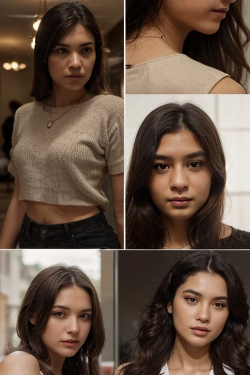 You could create the same woman. same face. different poses. different clothes. make it realistic? that he is at home posing, but let them be 4 photos, Could you create another one just like that?? but with different clothes and a different pose