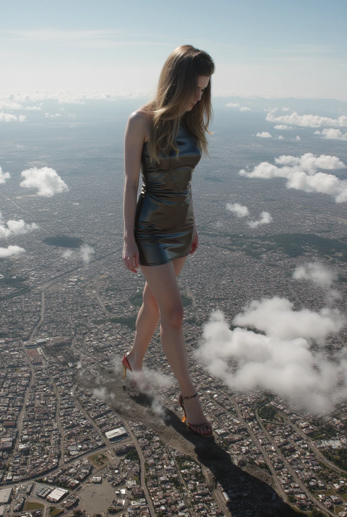 Cleopatra ,Full body photo,GTSCity,sky-scrapers, big ,(long legs:1.2),Extremely tall girl,Beautiful appearance,no branding,perfect lightning,Kinoqualität,8K,good quality,(GTS:1.5),Aerial photography, Building Headquarters, abdomen, shrunken people on the floor