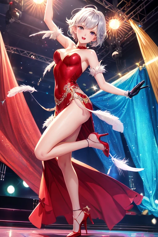 nsfw, shinkai makoto, Kimi No Na Wa., One girl,15yo, bangs, Black Hair, blush, Brown eyes, Glowing Skin, Red headband, Red ribbon, Glossy skin, Red Bow, Exposing shoulders, Black knee socks, short hair, smile, Small breasts,My chest is shaking, (Nipples are visible), Down blouse, Open your mouth, cute, alone, Happy, hair ornaments, Bunny ears, Playboy Bunny, Pink leotard, Detachable collar, Looking at the audience, whole body, Fishnet tights, Uplifting, Dynamic Angles, Super energetic, Alluring, heart, Break dance, footwork, dance hall, Dance Battle, Leg spread