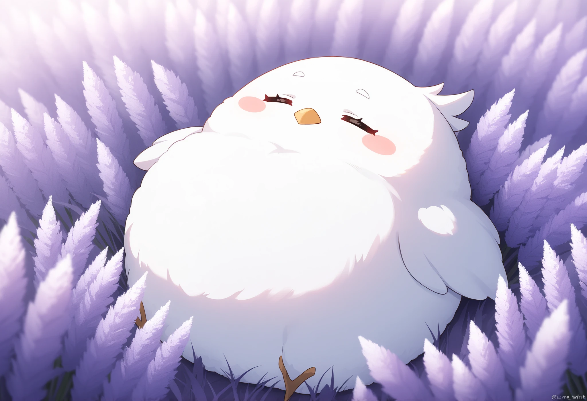 Masterpiece,Best quality, ultra detailed,Japanese Anime style, (pure white sparrow mascot ) , round body, fluffy body, cute appearance,simple face,sleeping,in a wide lavender field, ((a white sparrow is visible among the lavender flowers.)