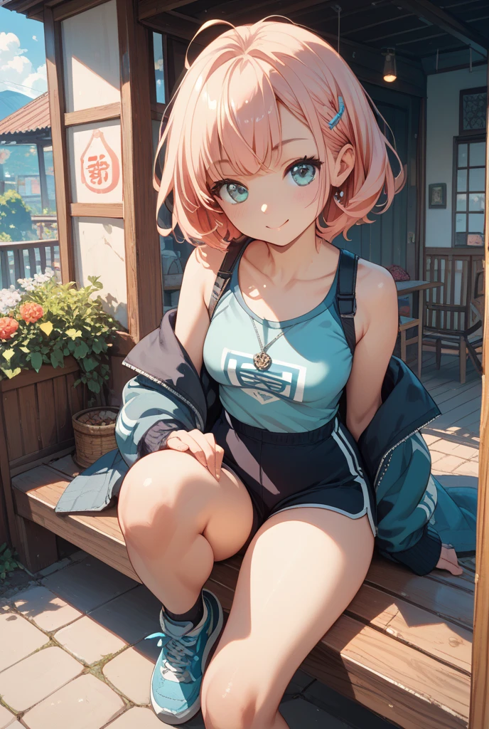 High quality、highest quality、complete limbs、Ultra high definition、vivid colors、full finger、bob cut、pink hair、black eyes、slender beauty、wearing knee highs、school swimsuit、all white school swimsuit、surprised、resort hotel