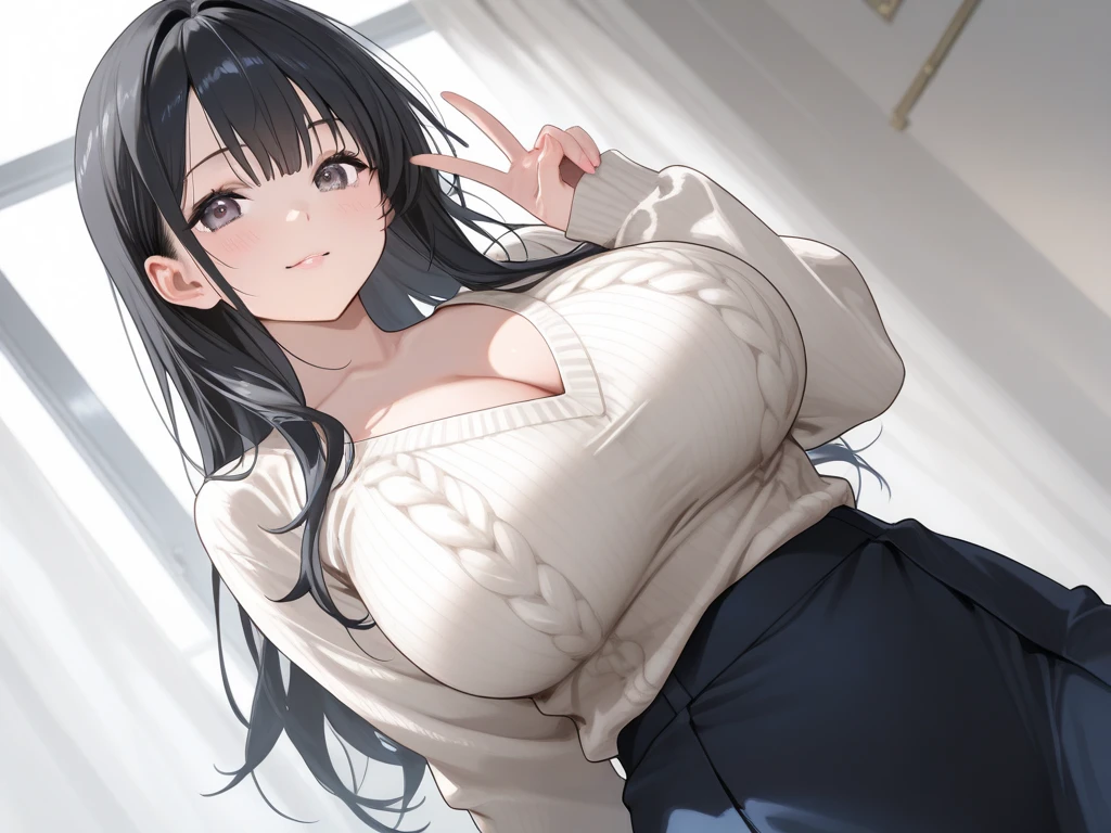 ((Highest quality)), ((masterpiece)), (detailed), woman,Age 35,(Black knit sweater),(Fluffy mini skirt),Shoulder Bare,Big Breasts,blush,Underbust,(Her cleavage is visible),(Excited expression),(Seduce),night,indoor,What&#39;s left behind,nightのWhat&#39;s left behind,Dim lighting,(In a dimly lit room),(In a messy room),Browsing Caution,sexy,dirty,Sweat,(Black knee-high socks),(Lift your chest with both hands),(Sticking out tongue),(The mouth becomes white and dirty),Brown Hair