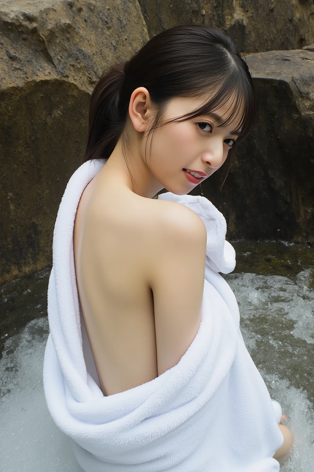 (natta:1.7), East Asian Architecture, 1womanl,Sitting on tatami mats, brunette color hair,(hair between eye), Lip flap, (sixteen years old:1.3),Beautiful shiny straight bob,Beautiful fingers,Beautiful long legs,Beauty Body,Cute nose,Beautiful character design,perfect eyes,face perfect,looking at viewert,(Innocent_Big_Eyes:1.0),(light_Smile:0.3),offcial art,Very detailed CG Unity 8K wallpaper、Bright_front_Face_Lighting,(tmasterpiece:1.0),(best_quality:1.0), 超A high resolution,4K,ultra - detailed, photography of, 8K, nffsw, hight resolution, absurderes:1.2, Kodak Portra 400, film grains, Lens Flare Glow, (Beautiful_Face:1.5),8K,Raw photo, 、Relax at a hot spring ryokan in Japan、(The subject is the first hot spring trip with a girl:1.3) (Draw an open-air bath more widely:1.2) (Girls are not subjects:1.3) The rooms in the inn are cluttered (Girl Standing On Balcony:1.3) (Hair after a bath:1.3),((Naked with a bath towel wrapped around the side:1.3)) ,(Hair is wet:1.3),((Beautifully depicts depth and width:1.3)),((The open-air bath is surrounded by Japan garden and large rocks, With just two small lights.:1.3)),((You can see the beautiful starry sky and the beautiful moon:1.3))(Wrap a bath towel in the open-air bath:1.2)(Girls are not subjects:1.3),((Looking back while standing naked、A person who looks at it while turning around while showing his back and buttocks:1.3))((White soft skin:1.3))