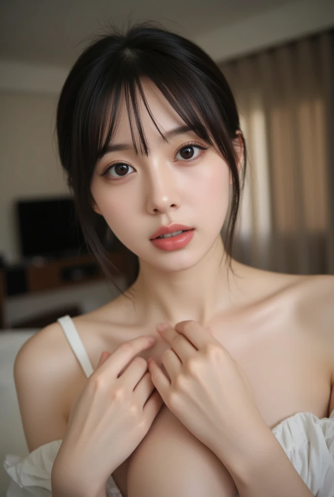 masterpiece、highest quality、Realistic、(超Realistic), (Awareness-raising), (High resolution), (8k), (Very detailed), (The best Awareness-raisingns), (Beautiful and fine details), (highest quality),（ Laughter）、 (Ultra-detailed), (masterpiece), (wallpaper), (Detailed face) 、lightly open-mouthed、Sticking out tongue、Laughter,（Underarm）,（ Laughter）,Plump,solo,Luxury Bedroom、（Wearing a silk open-neck shirt）, Sweaty, Japanese, (Camel Toe)、（Big huge breasts）、Big Tits、Simple living room, Well-maintained white teeth、Ultimate beauty、Sweaty、Cleavage、belly button、Underarm、Beautiful female hands、Brown eyebrows、Captivating look、Beautiful Kube、Sexy panties、Angel Lip、Mecozi、Teenage Girls、Underarm、Hair length、Butt、Perfect Fingers、Abdominal muscles、So ridiculous、lightly open-mouthed、Professional Lighting、Vacant rooms、Anatomically correct、