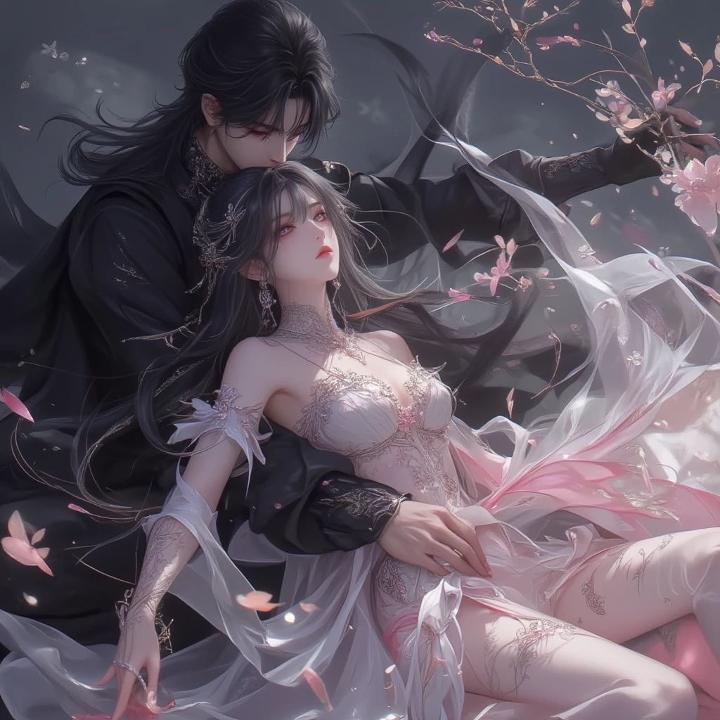 Man with red hair, woman with black hair,man hugged the woman In a sexy red dress. Romantic scene. A man is about to kiss a woman's neck with sadistic face. . The man smiled contentedly. But the woman is crying . Toxic Couple . Man really love woman . A man made relationship torturous. The theme is dark.
