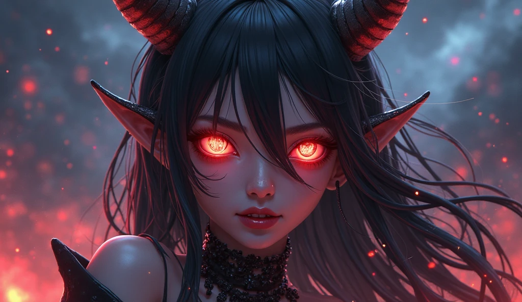 black hair, longeyelashes, ear blush, asymmetrical hair, messy hair, open mouth, demon horns, empty eyes, crazy, evil, Surrealism, drop shadow, anaglyph, stereogram, tachi-e, pov, atmospheric perspective, chiaroscuro, move chart, f/4.0, 35mm, wide shot, 8k, super detail, ccurate, best quality, UHD, masterpiece, ccurate, textured skin, super detail, high details, high quality, award winning, best quality, highres --auto
