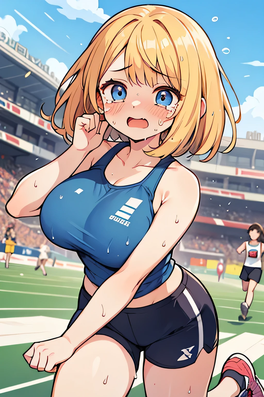 Realistic,(8K,Best Quality, masutepiece:1.2),(Professional Lighting),Physically-based rendering,((1girl in)),(NSFW),(track and field athlete),Large breasts,(Wet body:1.2),(fellatio),Open mouth,((Smile)),(Milk dripping),(((facial cum shot))),