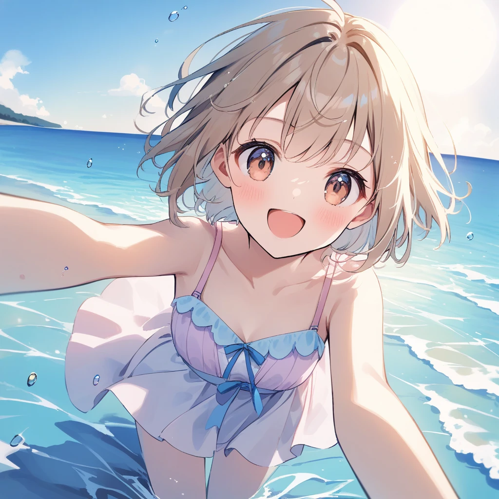 Best Quality, ultra-detailliert, Lolita swimwear, 1 young girl(8years old),a beauty girl,A smile, Arm in arm, platinum-blonde-hair, At Moai Island,flat chest,Perfect limbs,The morning sun shines