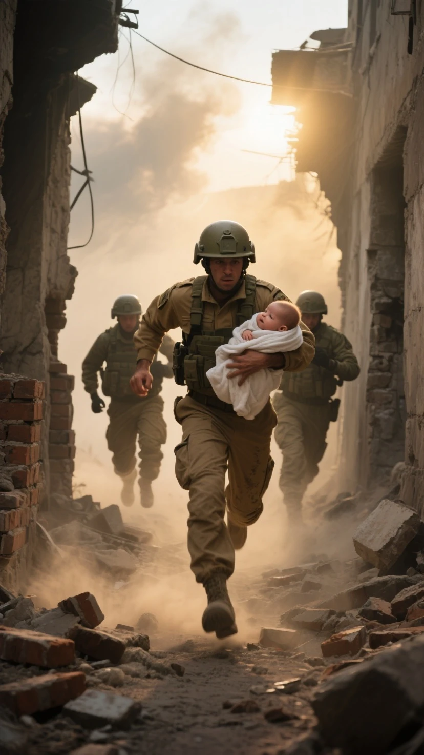 Three soldiers in camouflage uniforms amidst the wreckage of a war are happy to have rescued a newborn baby
