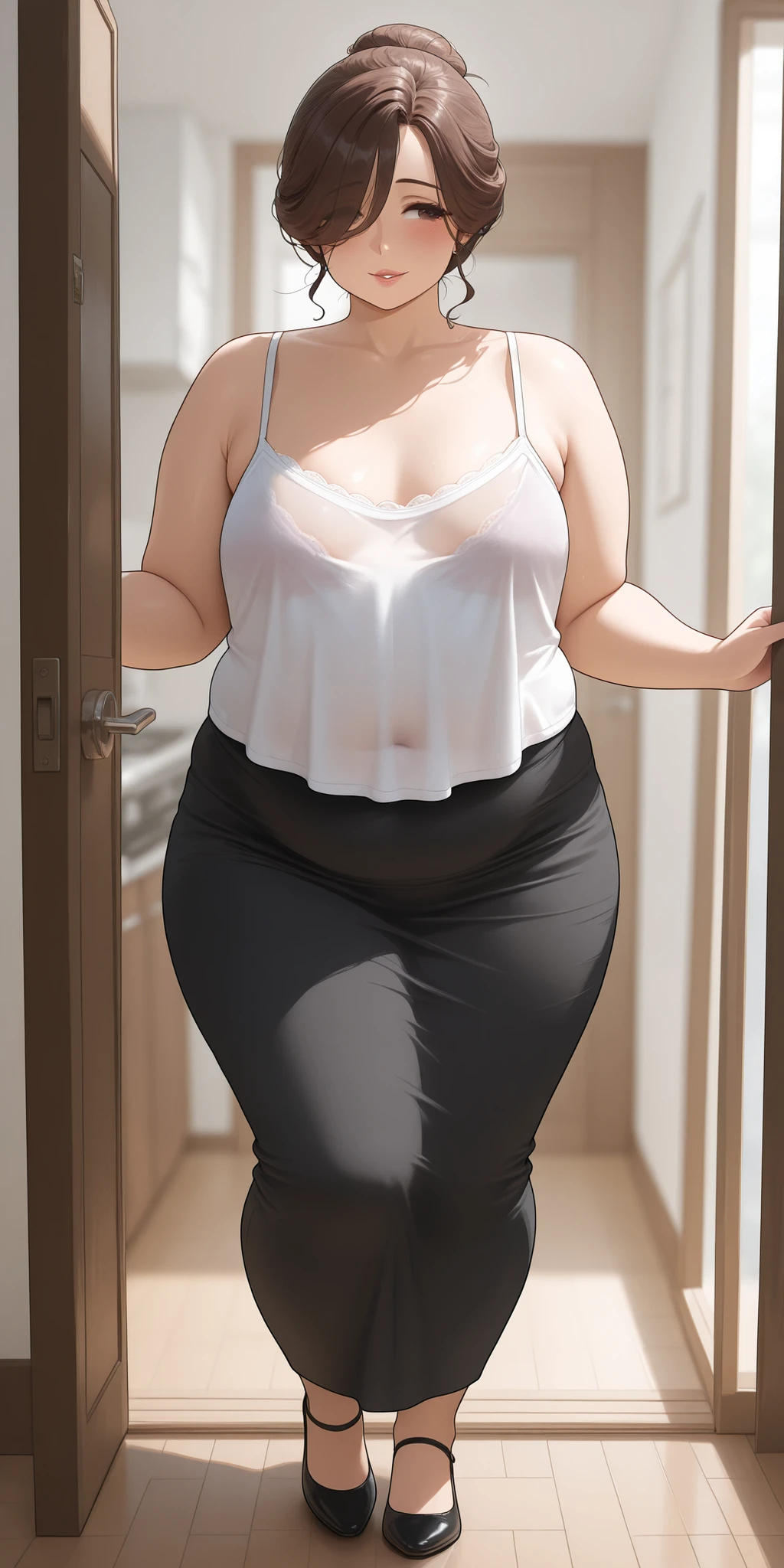 Plus-sized Caucasian woman, in big white panties, and white bra, back shot, big butt, crop shot, walking around home, photo realistic, intricate details