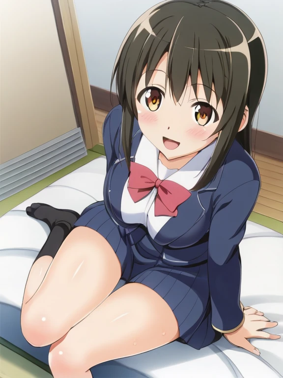ShizuruChikura,brown hair,side ponytail,green eyes, smiling, happy, looking at viewer, peace sign, blue school uniform,serafuku, blue skirt, knee-length skirt, bare legs, close-up