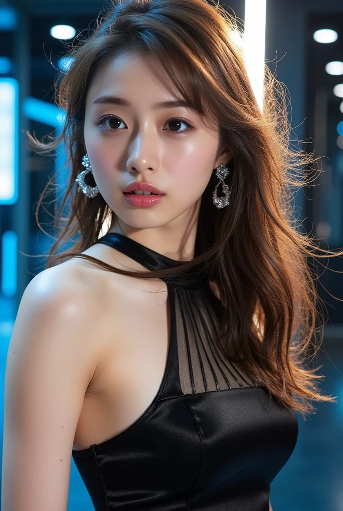 ((Best Quality, 8k, masterpiece, best quality)), (one lady, sitting office chair), ((portrait:1.5)), sequins dress, thick thigh:1.2, makeup, erotic, ((seduction expression, smile:0.1)), black background,