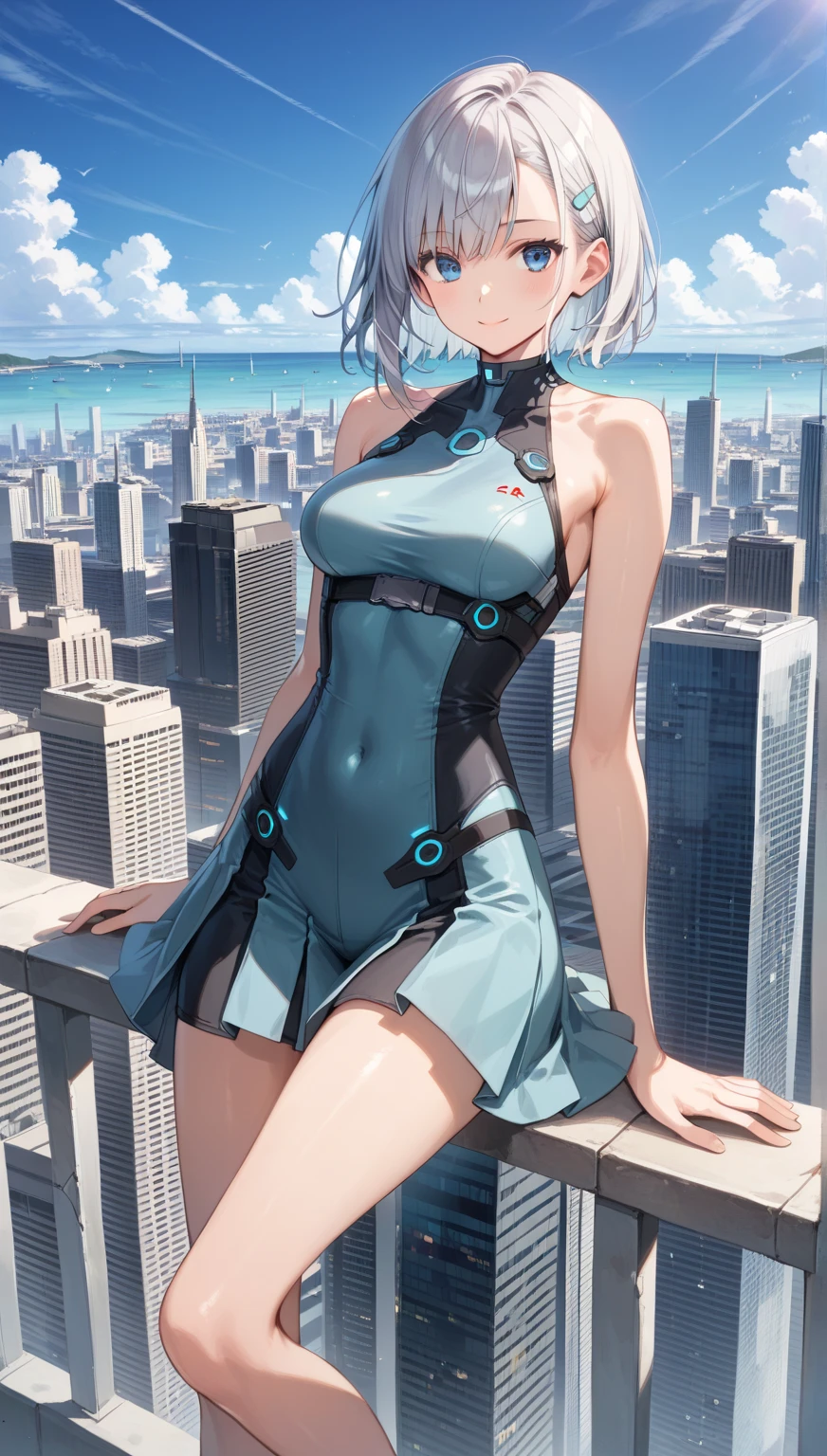 Slender beautiful girl, futuristic light blue swimsuit, high resolution, top quality, super detail, fine details, no blush, knee high, small breasts, short hair