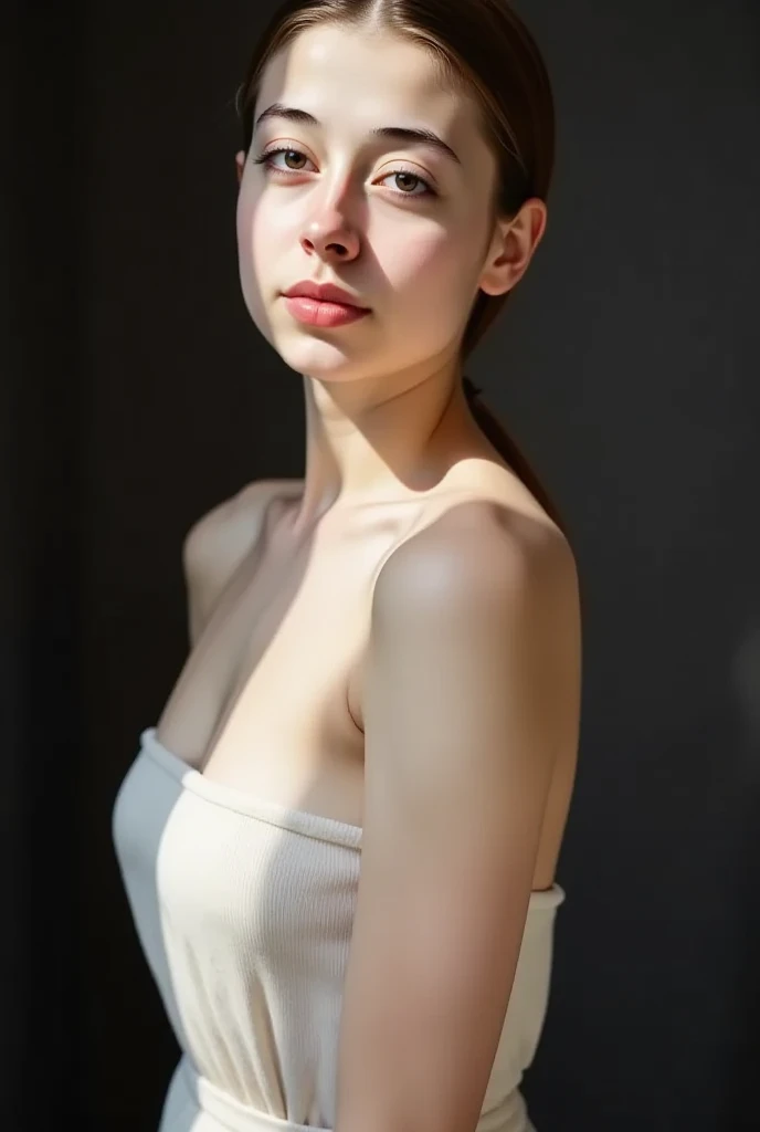 (alone), (Detailed RAW photos of girls), (table top:1.0), (highest quality:1.4), (超A high resolution:1.2), (realistic:1.4), 8K resolution, Canon EOS R5, 35mm, absurd, super detailed, (25 years old), cinematic lighting, detailed beautiful face, (No makeup:1.2), (Ulchan-6500-v1.1), shape, fine skin texture, (flat chest:1.4), (slim and fit body:1.6), fine brown hair, short bob、see-through wear,strapless bra , thin, Compatible with sportswear :1.5),realistic glowing skin, detailed texture, hip focus, blue sky,high angle、high position、above knee shot,no bra,braless,