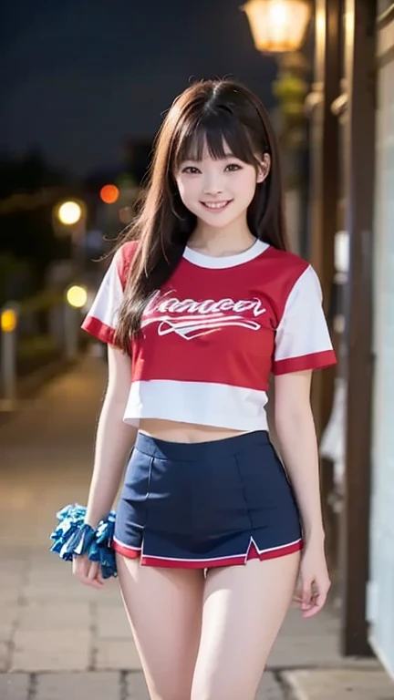 (8k、highest quality、masterpiece:1.2)、(Realistic、Realistic:1.37)、No sleeve、Red ribbon、mini skirt、Very detailed、超A high resolution、1 girl、Cheerleader、Beautifully detailed face、Laughter、narrow、(Slim waist) :1.3)、beautifully detailed skin、Skin Texture、Floating Hair、Professional Lighting、Human whole body、ponytail、smile、、Baby Face、子供っぽいsmile、Sappin'''''''、Moisturizing lips、Pale pink lips、Upper body naked、Lace green underwear、Micro size underwear、Umbilical cord prolapse、AA cup breasts、Cleavage、Panty shot