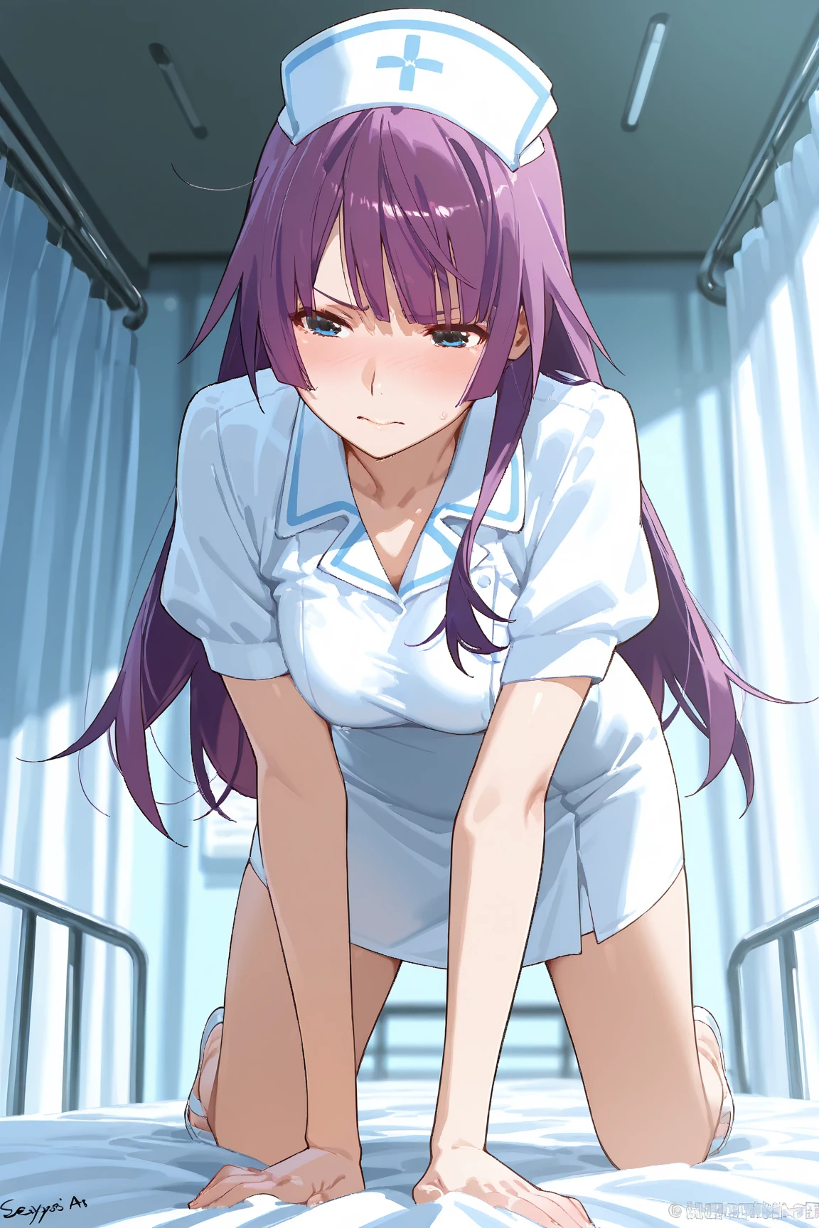 1girl, nsfw, furuderika, long hair, purple eyes, blue hair, blunt bangs,  empty eyes, large breasts, nipple, Walking, Hospital, frozen, wet, crying, Naked, (1girl) , solo, Blank look, Peeing, lactation, projectile lactation
