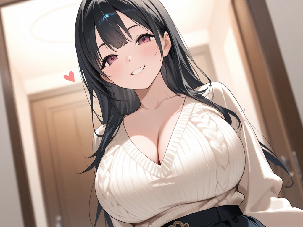Beautiful mother, big breasts, 40 years old, long hair, black hair, purple eyes, smiling, wearing a short-sleeved t-shirt. Wearing long pants, standing in the living room, in the house, at home, alone.