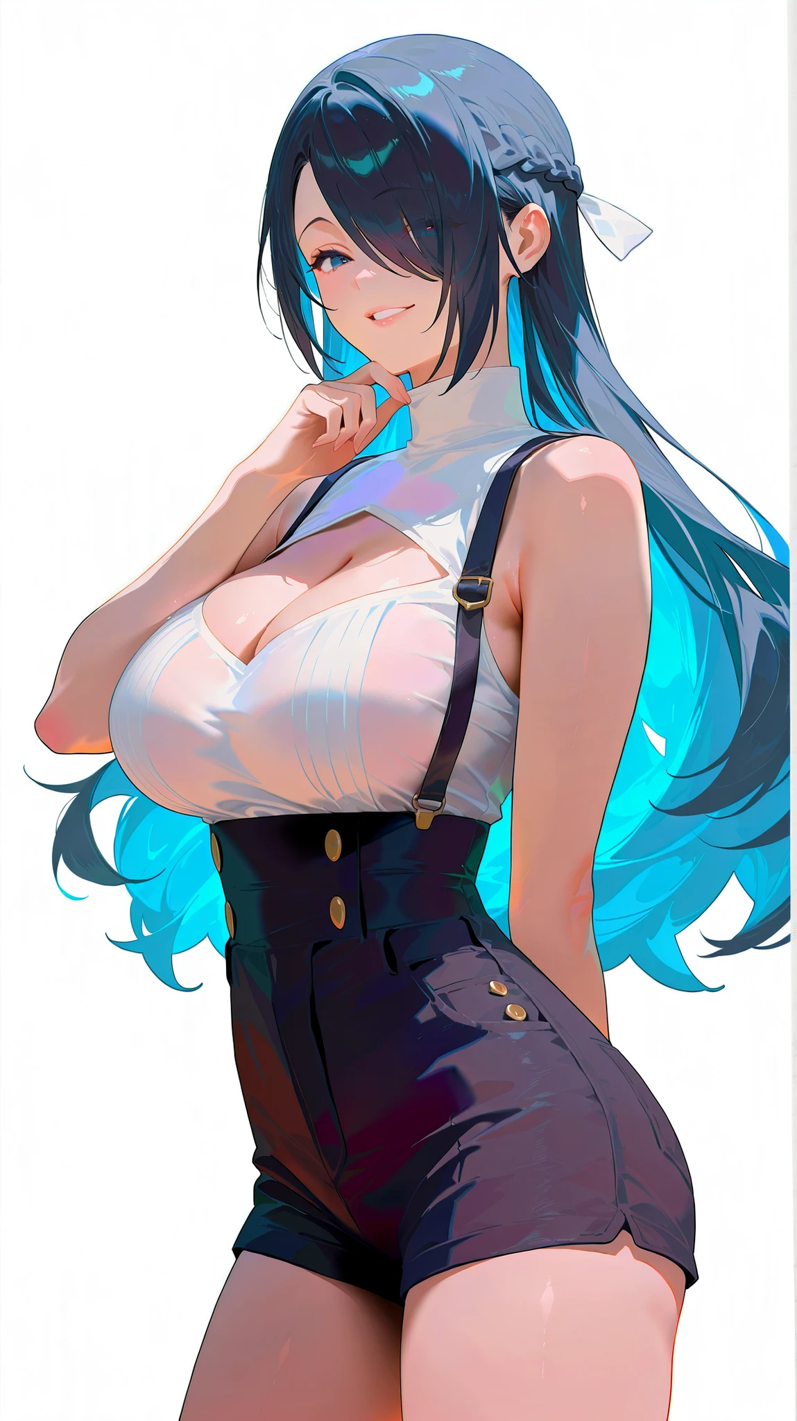 masterpiece, top quality, best quality, official art, beautiful and aesthetic:1.2),(8k, best quality, masterpiece:1.2), (((masterpiece))),(((best quality))),(((extremely detailed))), illustration, who, (masterpiece, top quality, best quality, official art, beautiful and aesthetic:1.2),(8k, best quality, masterpiece:1.2), azuma_fubuki, white background, simple background, A digital illustration of a young woman with long, flowing dark blue hair and striking blue eyes. She is depicted in a casual, slightly provocative pose, with her right hand gently touching her chin and her left arm relaxed at her side. She wears a loose-fitting, white sleeveless top that drapes over her shoulders and chest, 1girl, breasts, solo, large breasts, shorts, suspenders, long hair, hair over one eye, suspender shorts, sleeveless, blue eyes, looking at viewer, blue hair, white background, black shorts, smile, braid, bare shoulders, high-waist shorts, simple background, multicolored hair, shirt, parted lips, black hair, white shirt, bare arms, colored inner hair, short shorts, cowboy shot, turtleneck, french braid, hair ribbon, sleeveless shirt, cleavage, hand up, arm behind back, white ribbon, ribbon